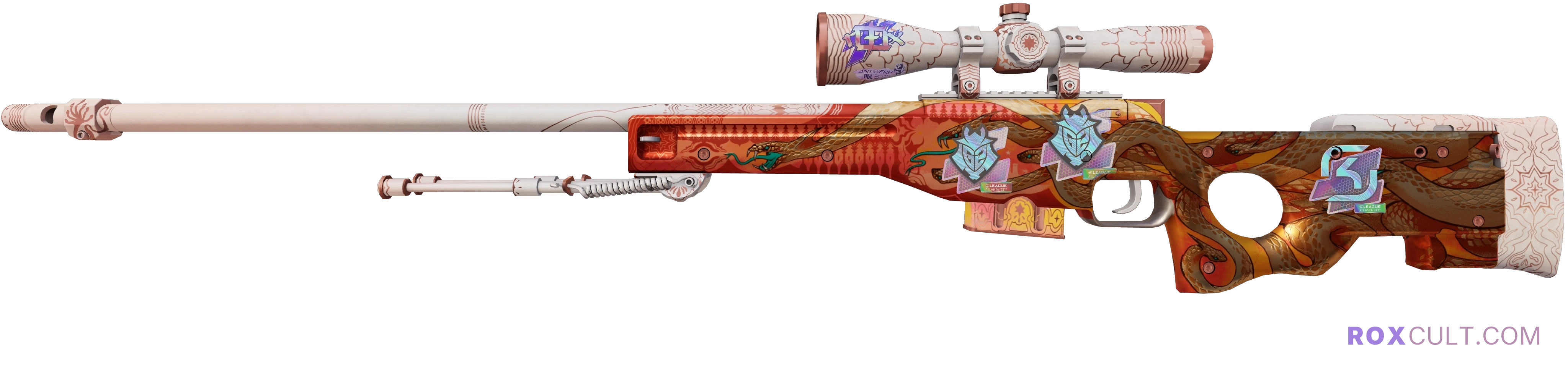 AWP | Desert Hydra (Factory New) — rox (Holo) Antwerp 2022 craft, playside view with 1 rox (Holo) sticker