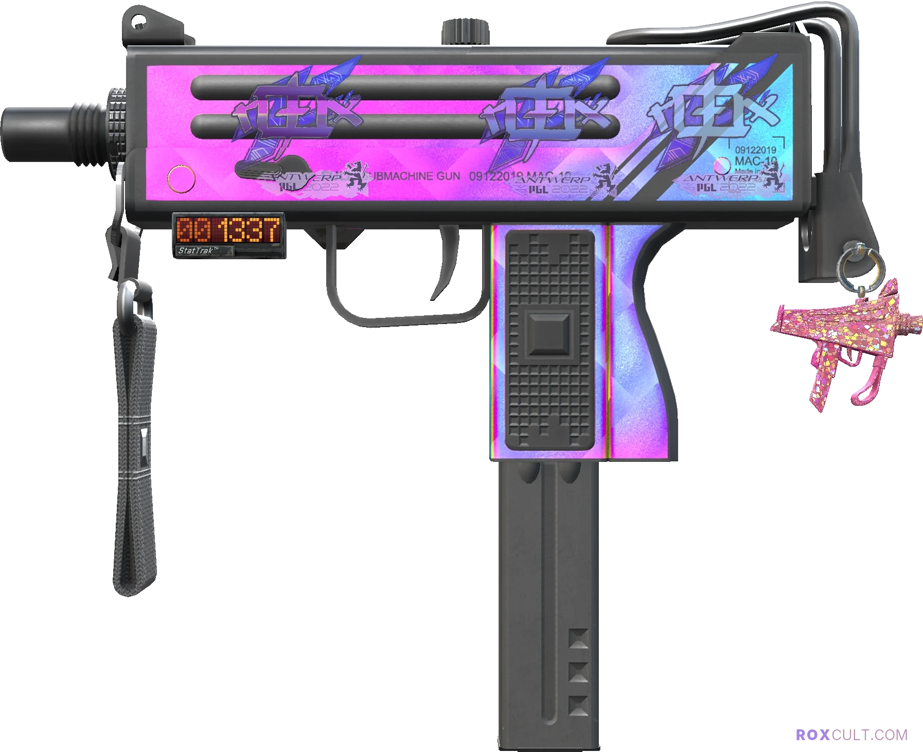 StatTrak™ MAC-10 | Disco Tech (Minimal Wear) — rox (Holo) Antwerp 2022 craft, playside view with 3 rox (Holo) stickers