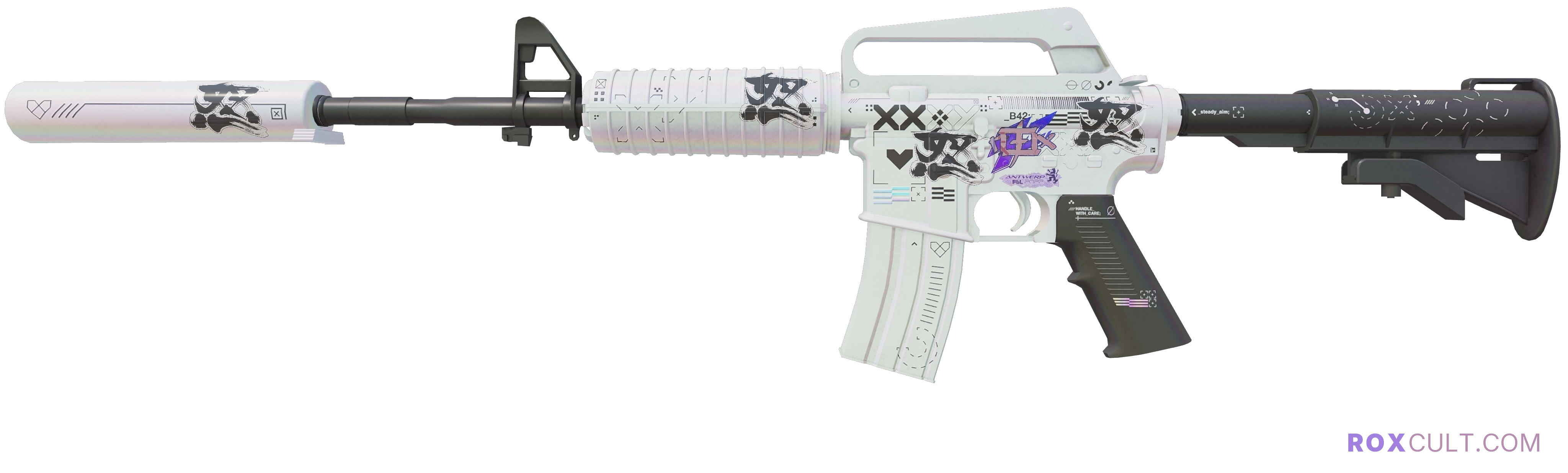 M4A1-S | Printstream (Factory New) — rox (Holo) Antwerp 2022 craft, playside view with 1 rox (Holo) sticker