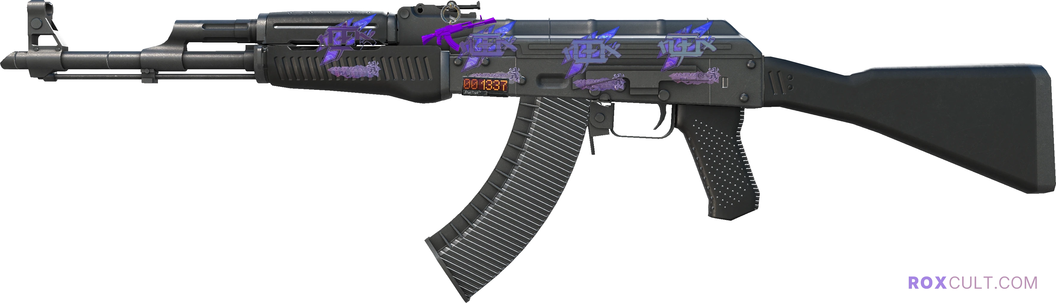 StatTrak™ AK-47 | Slate (Field-Tested) — rox (Holo) Antwerp 2022 craft, playside view with 4 rox (Holo) stickers
