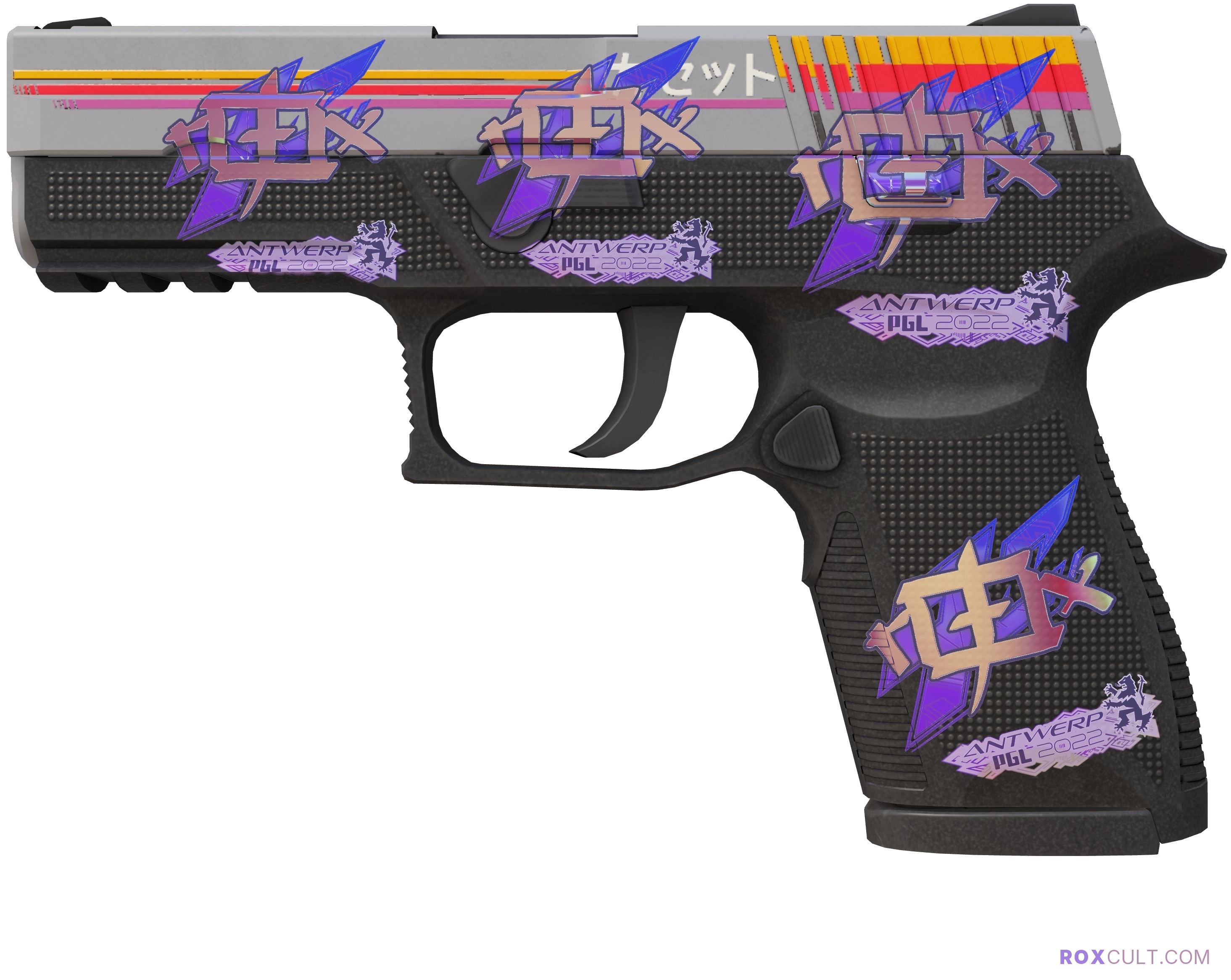 P250 | Cassette (Factory New) — rox (Holo) Antwerp 2022 craft, playside view with 4 rox (Holo) stickers