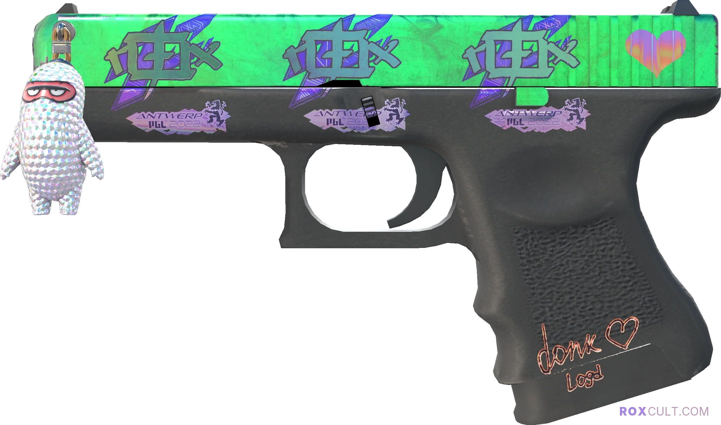 Glock-18 | Gamma Doppler (Field-Tested) — rox (Holo) Antwerp 2022 craft, playside view with 3 rox (Holo) stickers