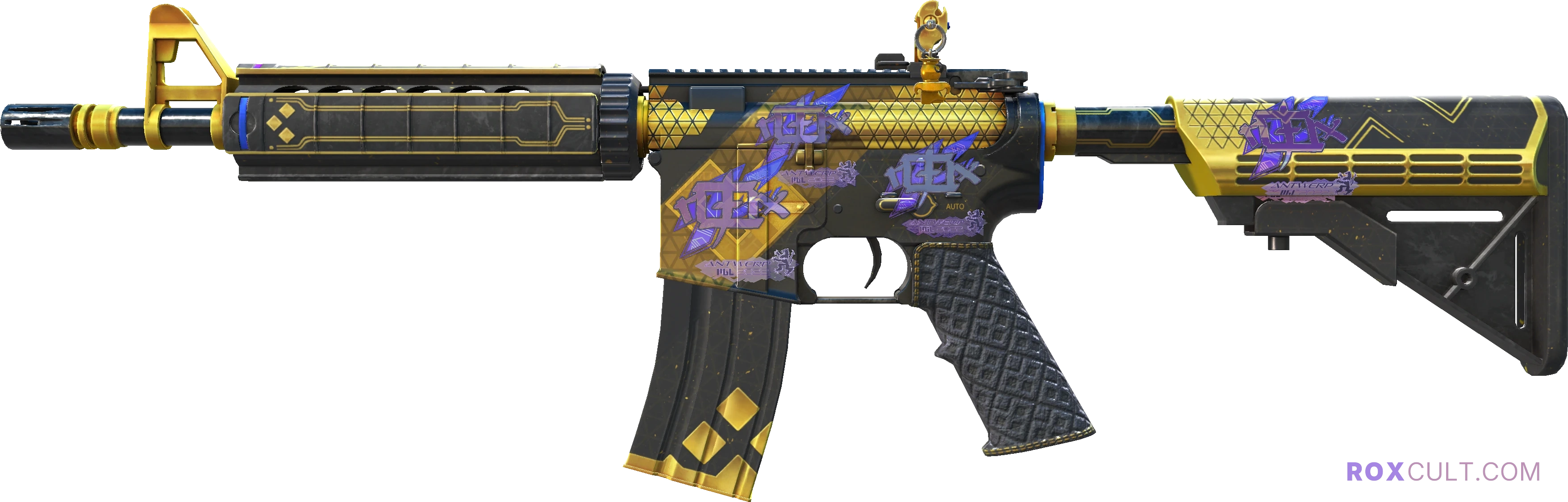 M4A4 | The Coalition (Factory New) — rox (Holo) Antwerp 2022 craft, playside view with 4 rox (Holo) stickers