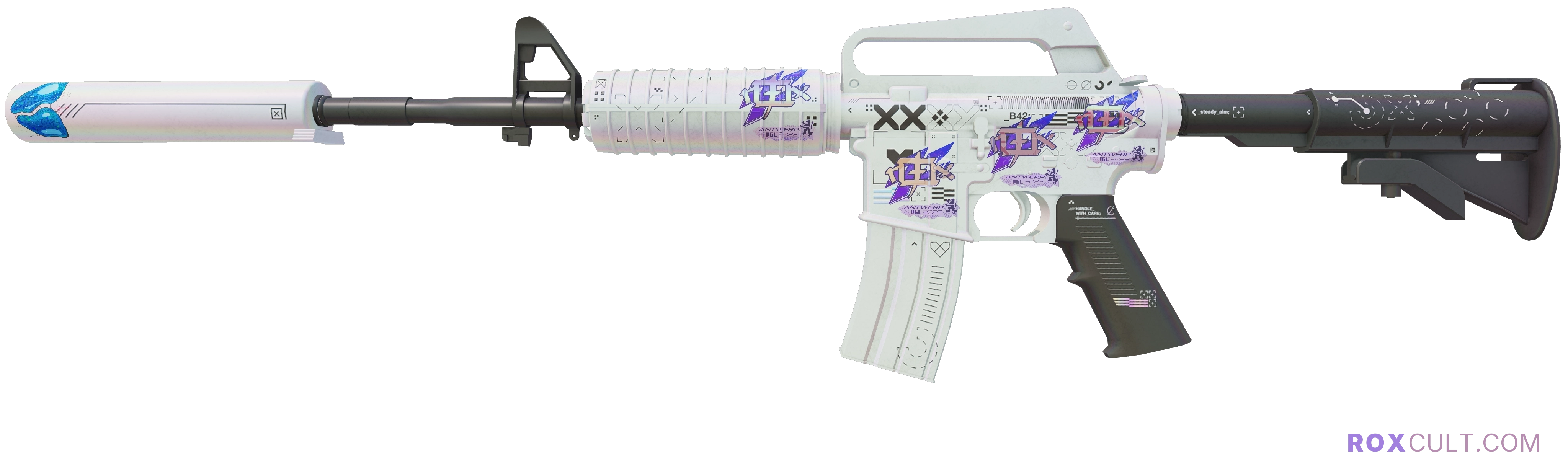 M4A1-S | Printstream (Minimal Wear) — rox (Holo) Antwerp 2022 craft, playside view with 4 rox (Holo) stickers