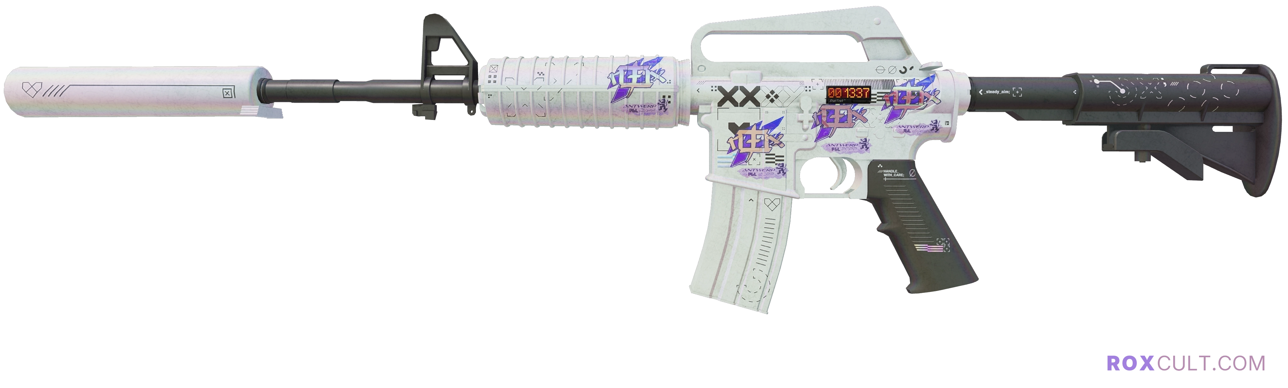 StatTrak™ M4A1-S | Printstream (Field-Tested) — rox (Holo) Antwerp 2022 craft, playside view with 4 rox (Holo) stickers