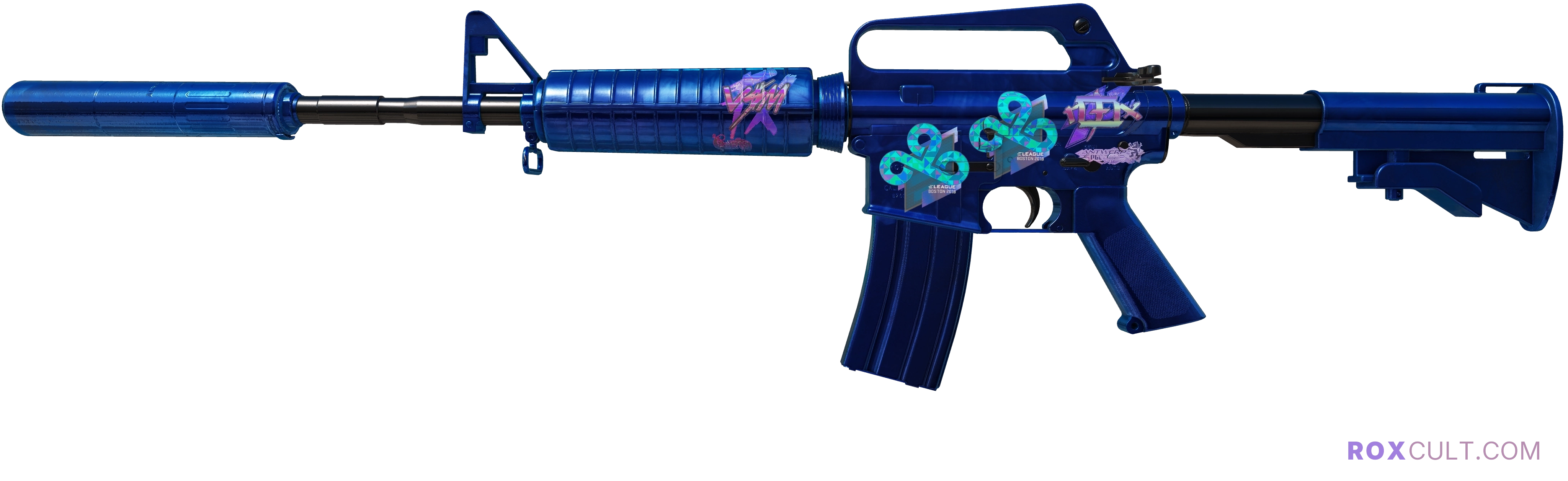 M4A1-S | Blue Phosphor (Factory New) — rox (Holo) Antwerp 2022 craft, playside view with 1 rox (Holo) sticker