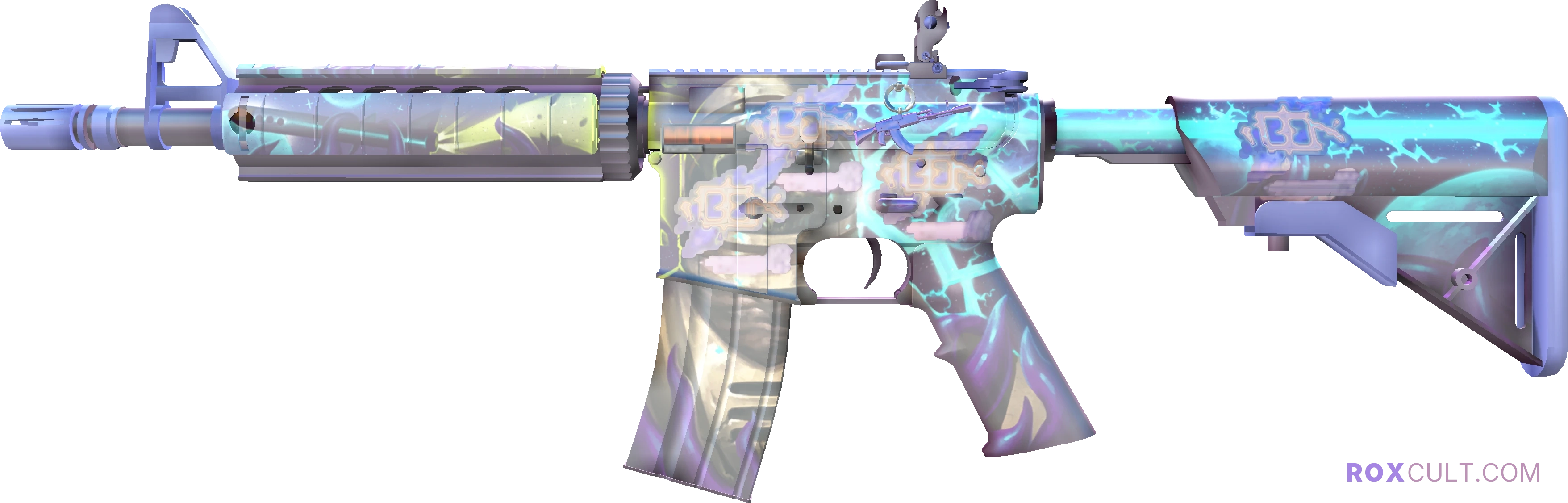 StatTrak™ M4A4 | Desolate Space (Factory New) — rox (Holo) Antwerp 2022 craft, playside view with 4 rox (Holo) stickers