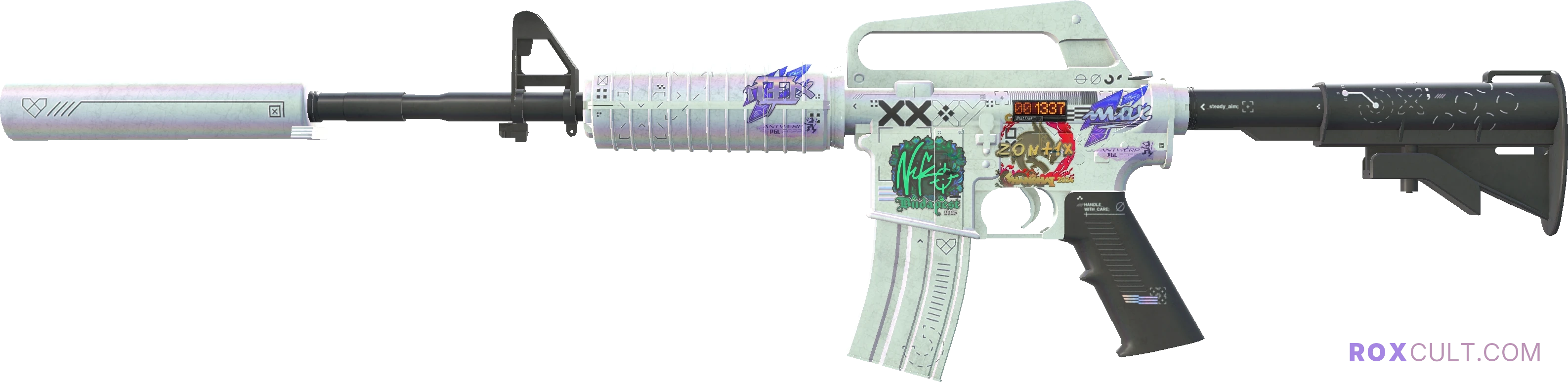 StatTrak™ M4A1-S | Printstream (Field-Tested) — rox (Holo) Antwerp 2022 craft, playside view with 1 rox (Holo) sticker