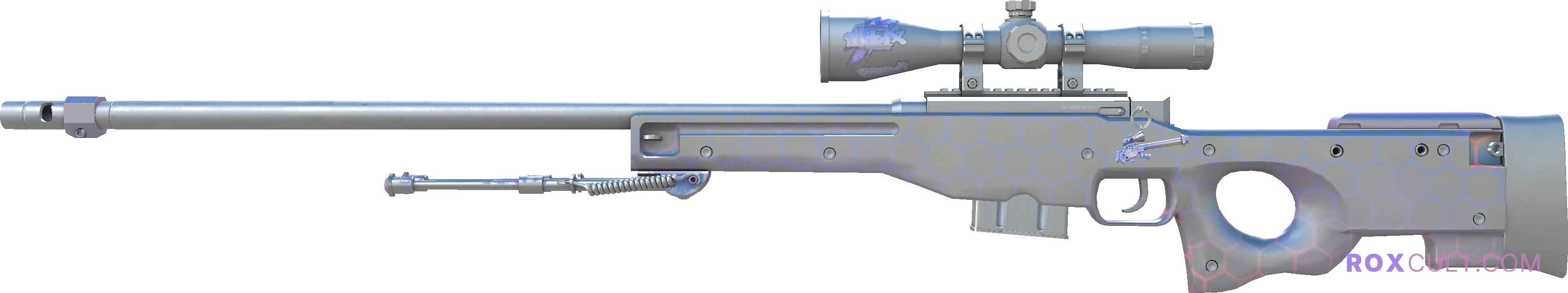 AWP | Electric Hive (Factory New) — rox (Holo) Antwerp 2022 craft, playside view with 1 rox (Holo) sticker