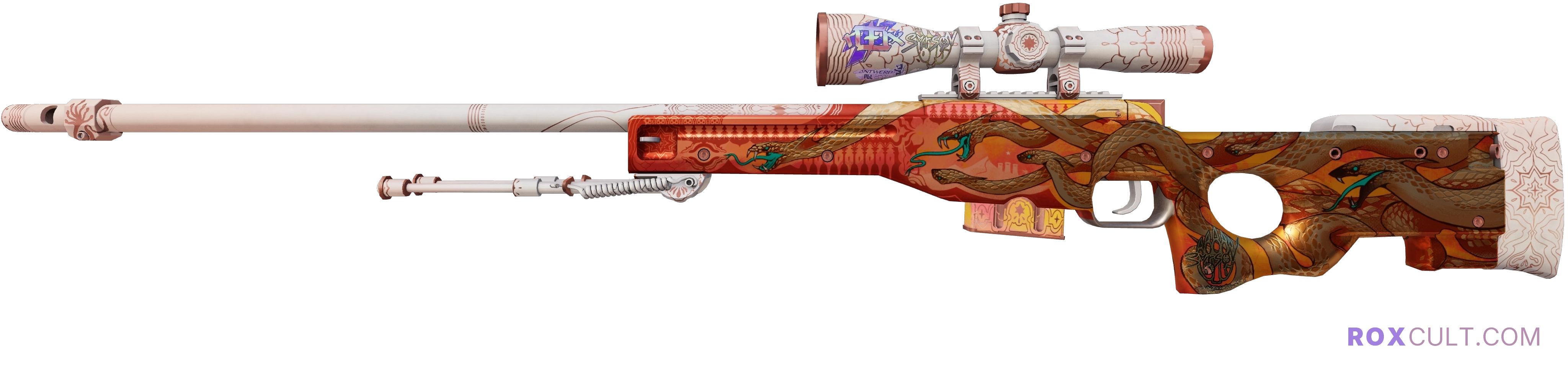 AWP | Desert Hydra (Factory New) — rox (Holo) Antwerp 2022 craft, playside view with 1 rox (Holo) sticker
