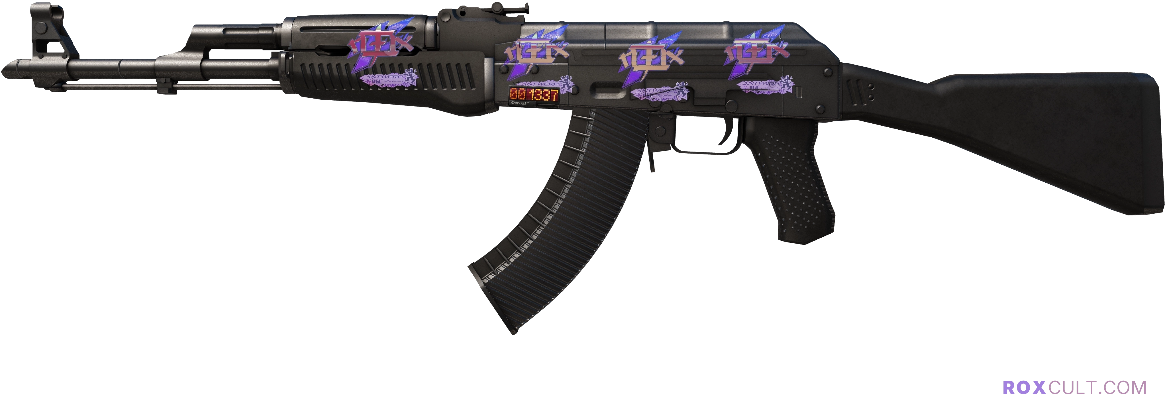 StatTrak™ AK-47 | Slate (Factory New) — rox (Holo) Antwerp 2022 craft, playside view with 4 rox (Holo) stickers