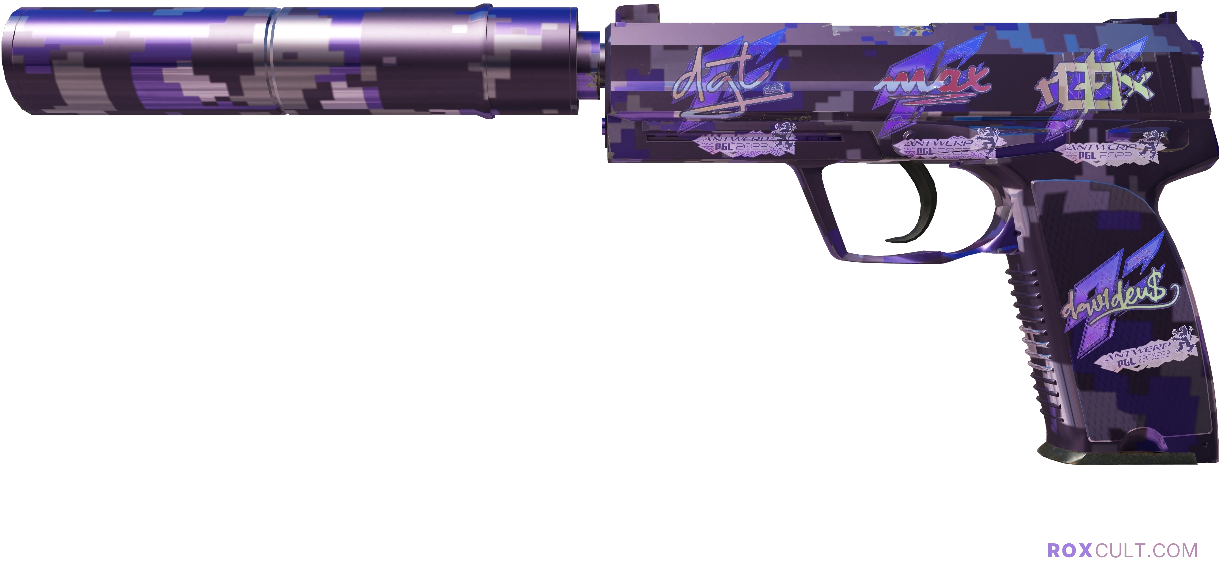 USP-S | Purple DDPAT (Factory New) — rox (Holo) Antwerp 2022 craft, playside view with 1 rox (Holo) sticker