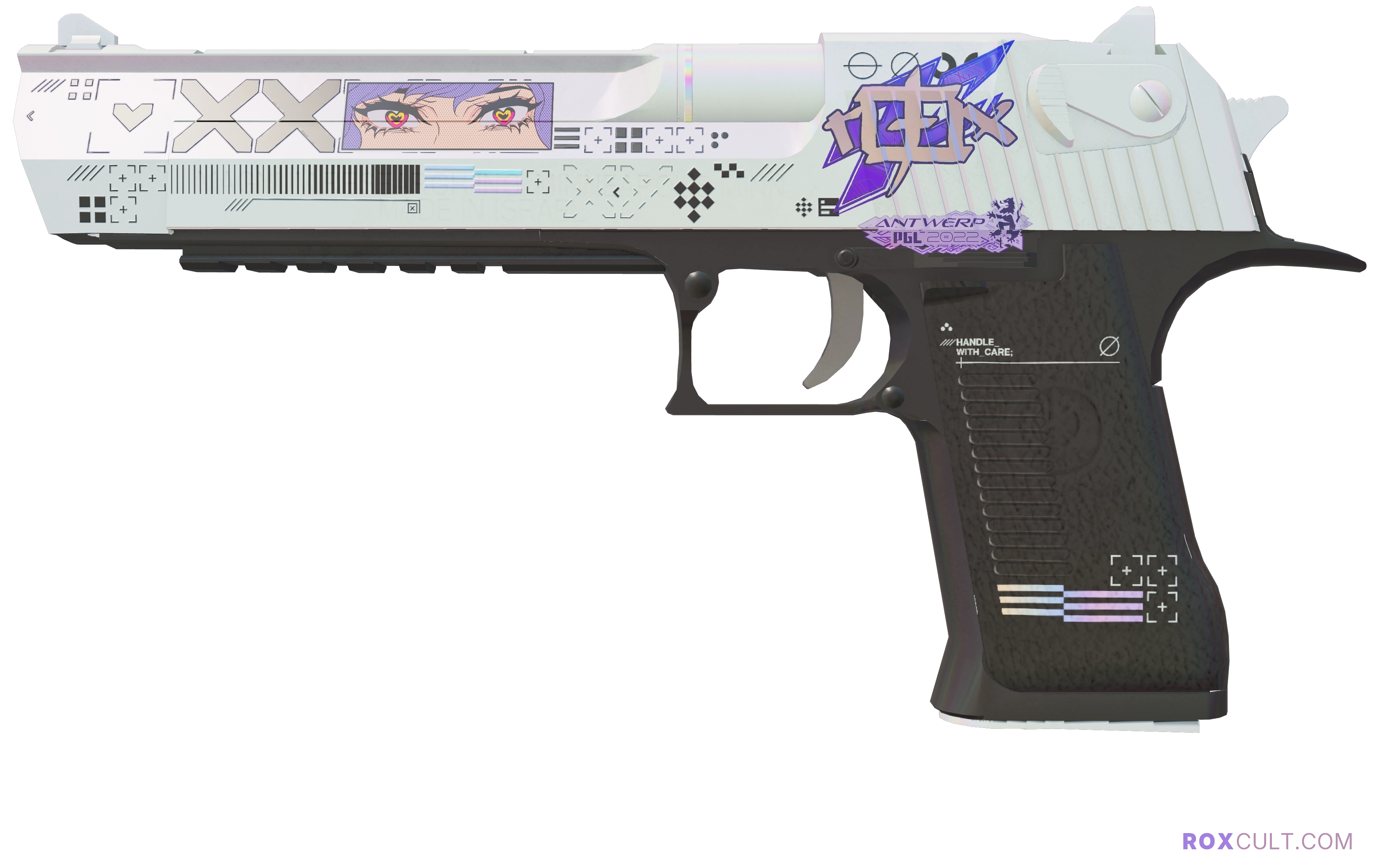 Desert Eagle | Printstream (Factory New) — rox (Holo) Antwerp 2022 craft, playside view with 1 rox (Holo) sticker
