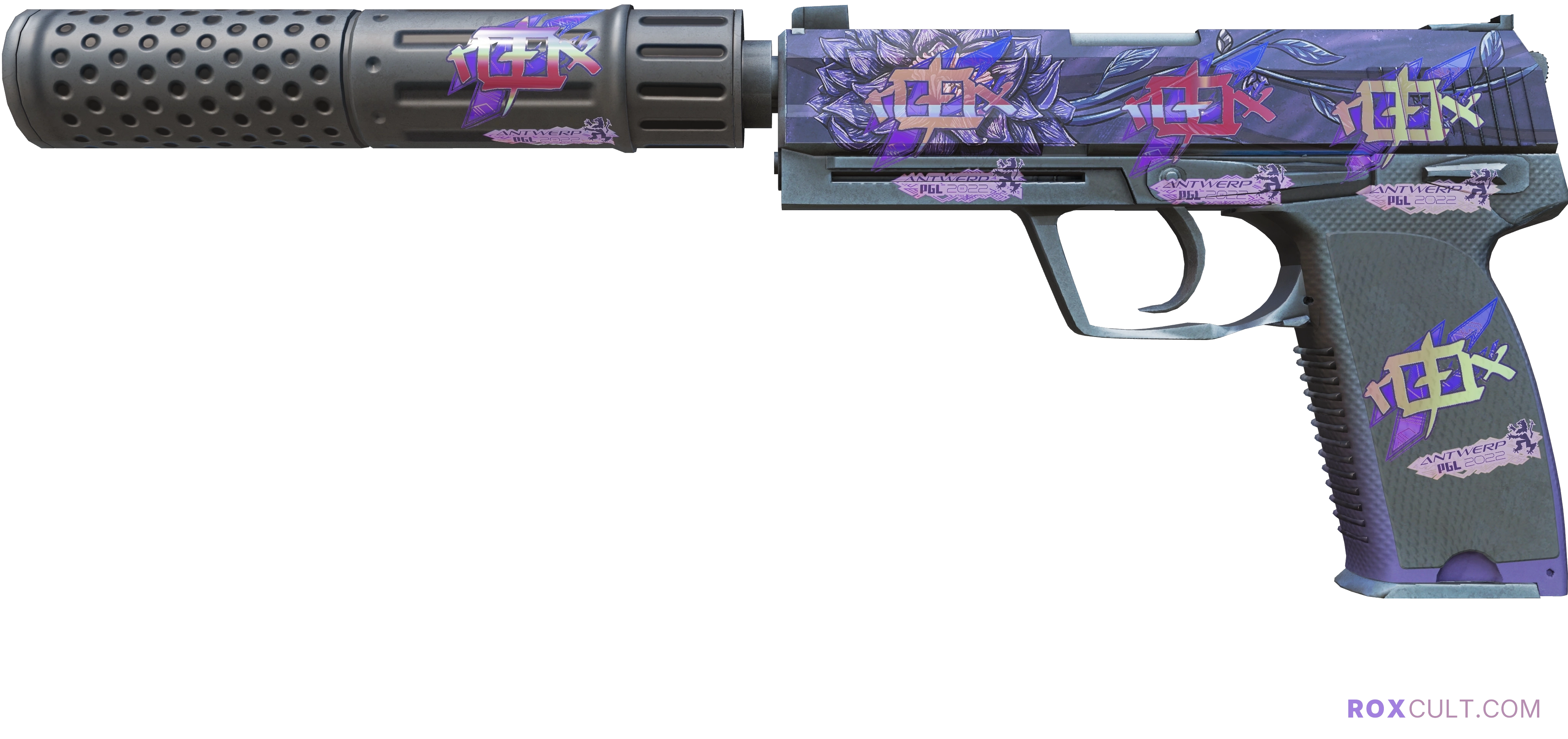 USP-S | Black Lotus (Factory New) — rox (Holo) Antwerp 2022 craft, playside view with 5 rox (Holo) stickers