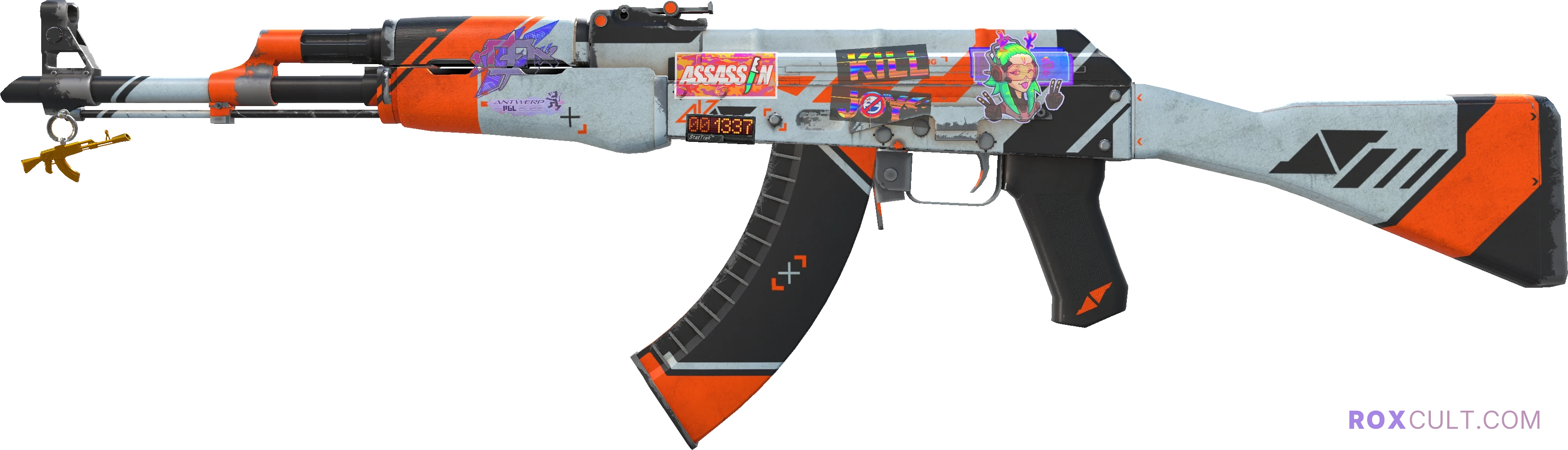 StatTrak™ AK-47 | Asiimov (Field-Tested) — rox (Holo) Antwerp 2022 craft, playside view with 1 rox (Holo) sticker
