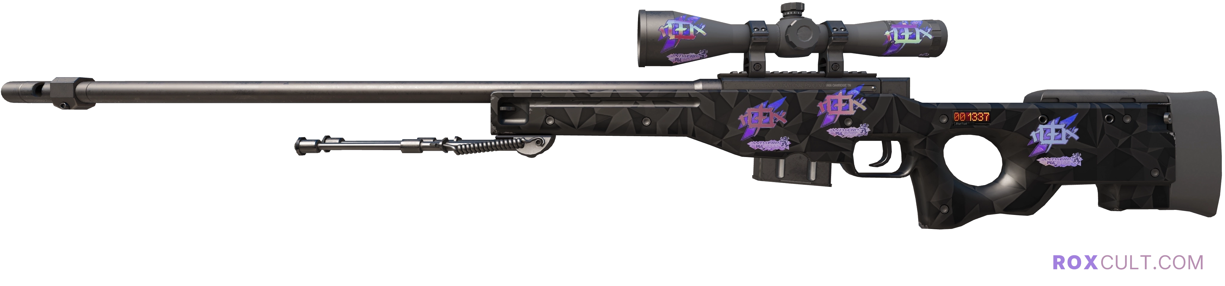StatTrak™ AWP | Graphite (Factory New) — rox (Holo) Antwerp 2022 craft, playside view with 5 rox (Holo) stickers