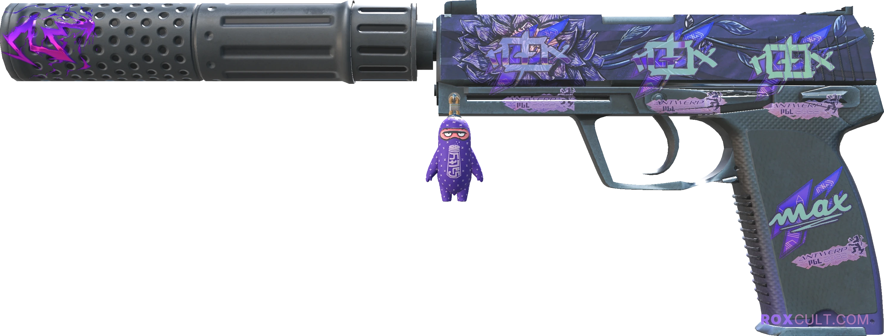 USP-S | Black Lotus (Factory New) — rox (Holo) Antwerp 2022 craft, playside view with 3 rox (Holo) stickers