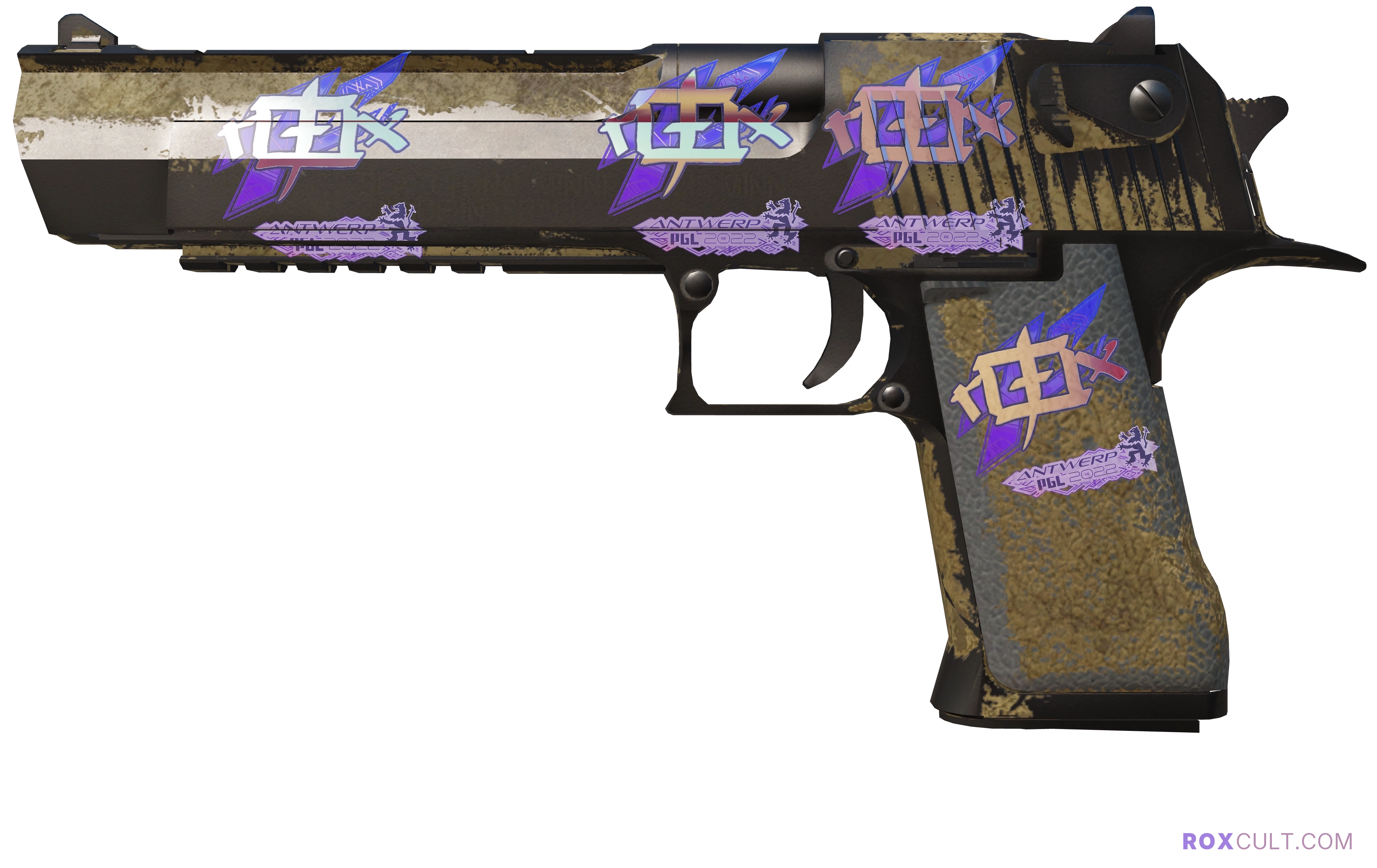 Desert Eagle | Mudder (Battle-Scarred) — rox (Holo) Antwerp 2022 craft, playside view with 4 rox (Holo) stickers