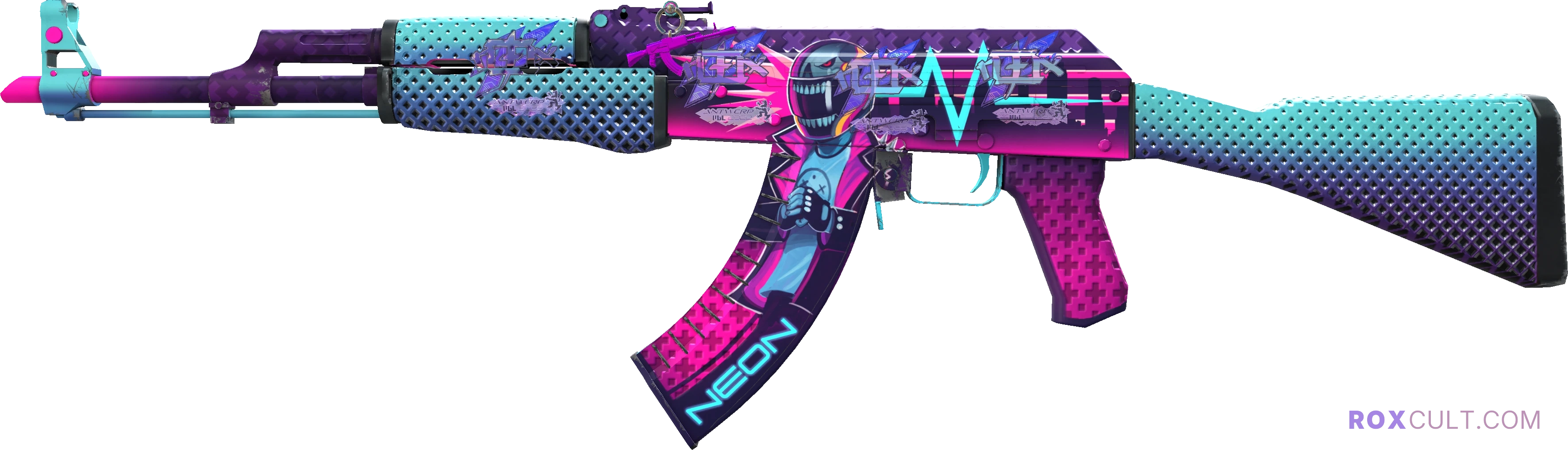 AK-47 | Neon Rider (Factory New) — rox (Holo) Antwerp 2022 craft, playside view with 4 rox (Holo) stickers