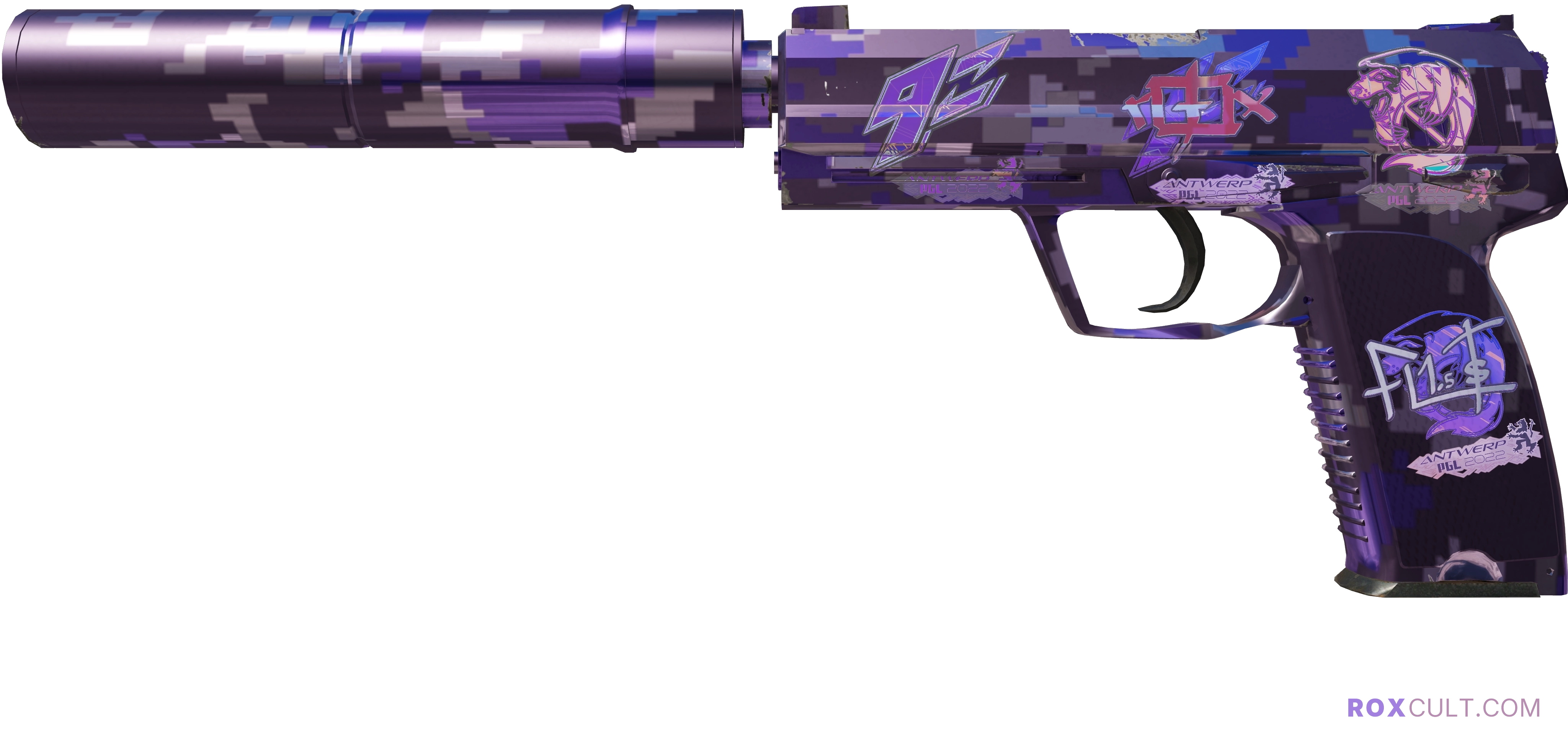USP-S | Purple DDPAT (Factory New) — rox (Holo) Antwerp 2022 craft, playside view with 1 rox (Holo) sticker