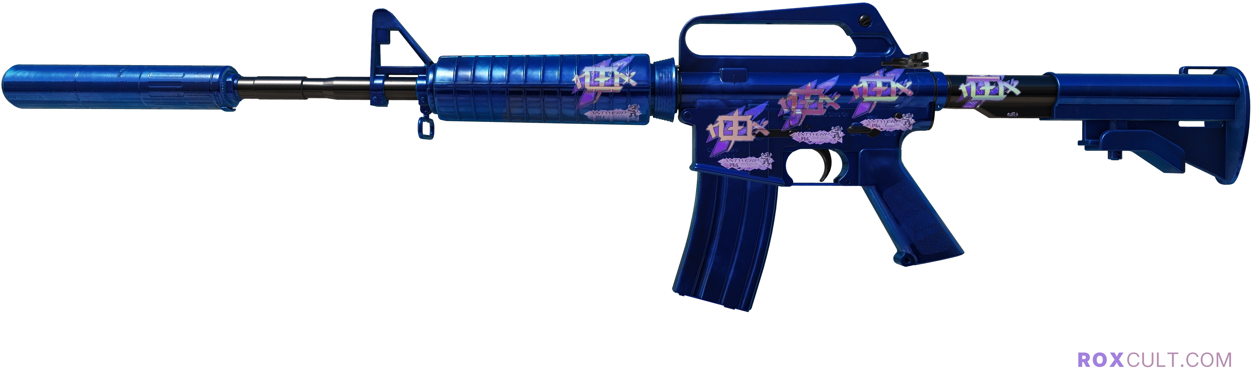 M4A1-S | Blue Phosphor (Factory New) — rox (Holo) Antwerp 2022 craft, playside view with 5 rox (Holo) stickers