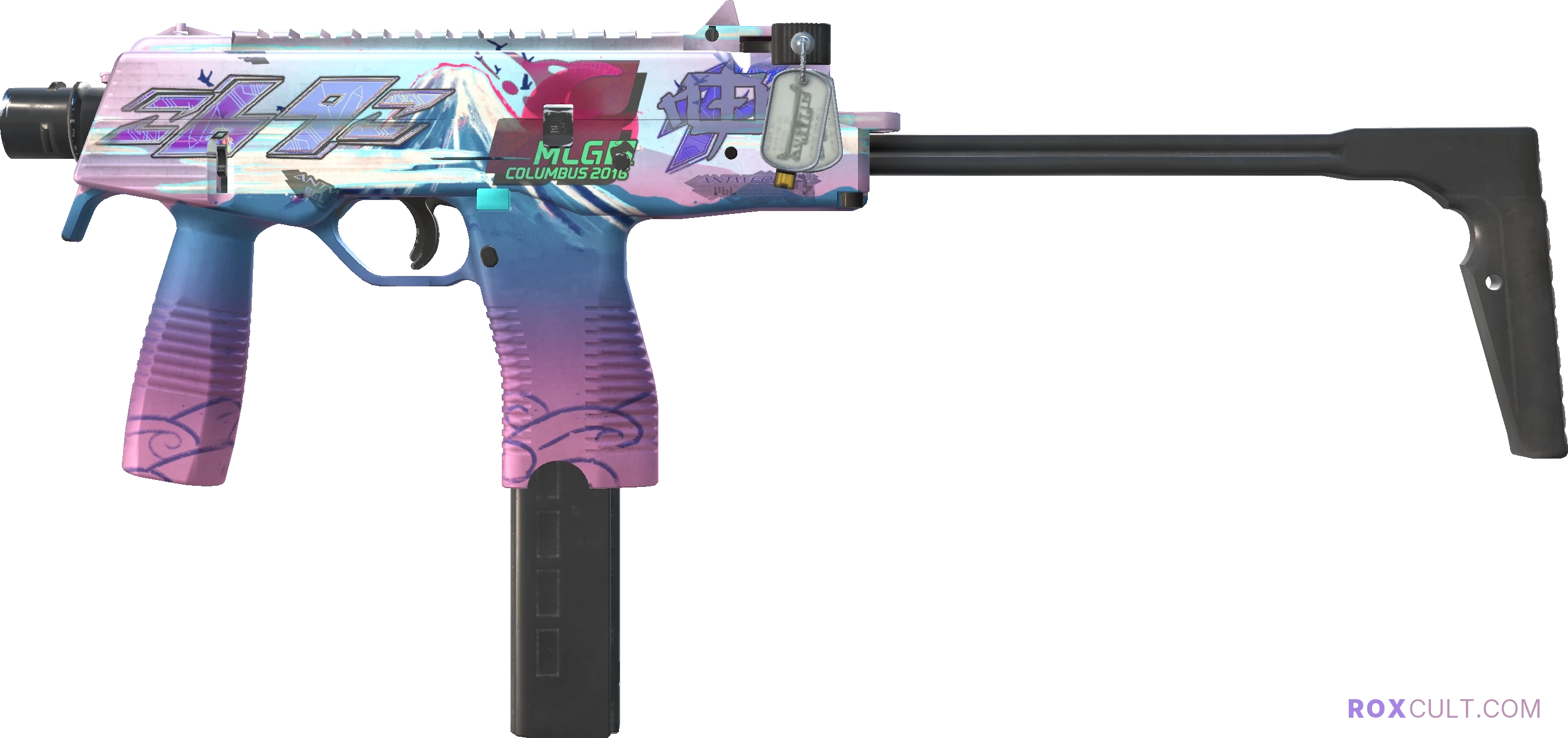 MP9 | Mount Fuji (Factory New) — rox (Holo) Antwerp 2022 craft, playside view with 1 rox (Holo) sticker