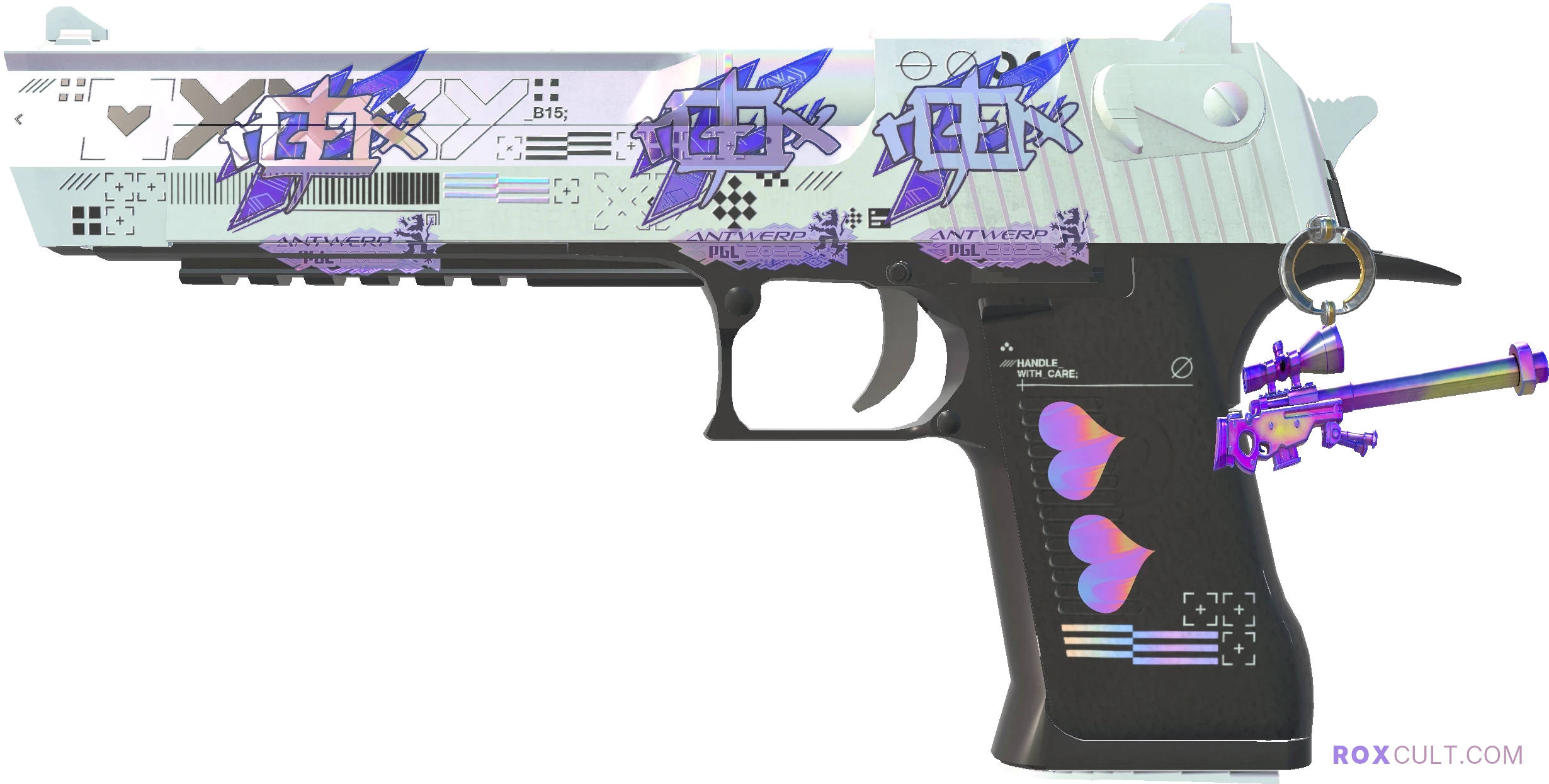 Desert Eagle | Printstream (Factory New) — rox (Holo) Antwerp 2022 craft, playside view with 3 rox (Holo) stickers