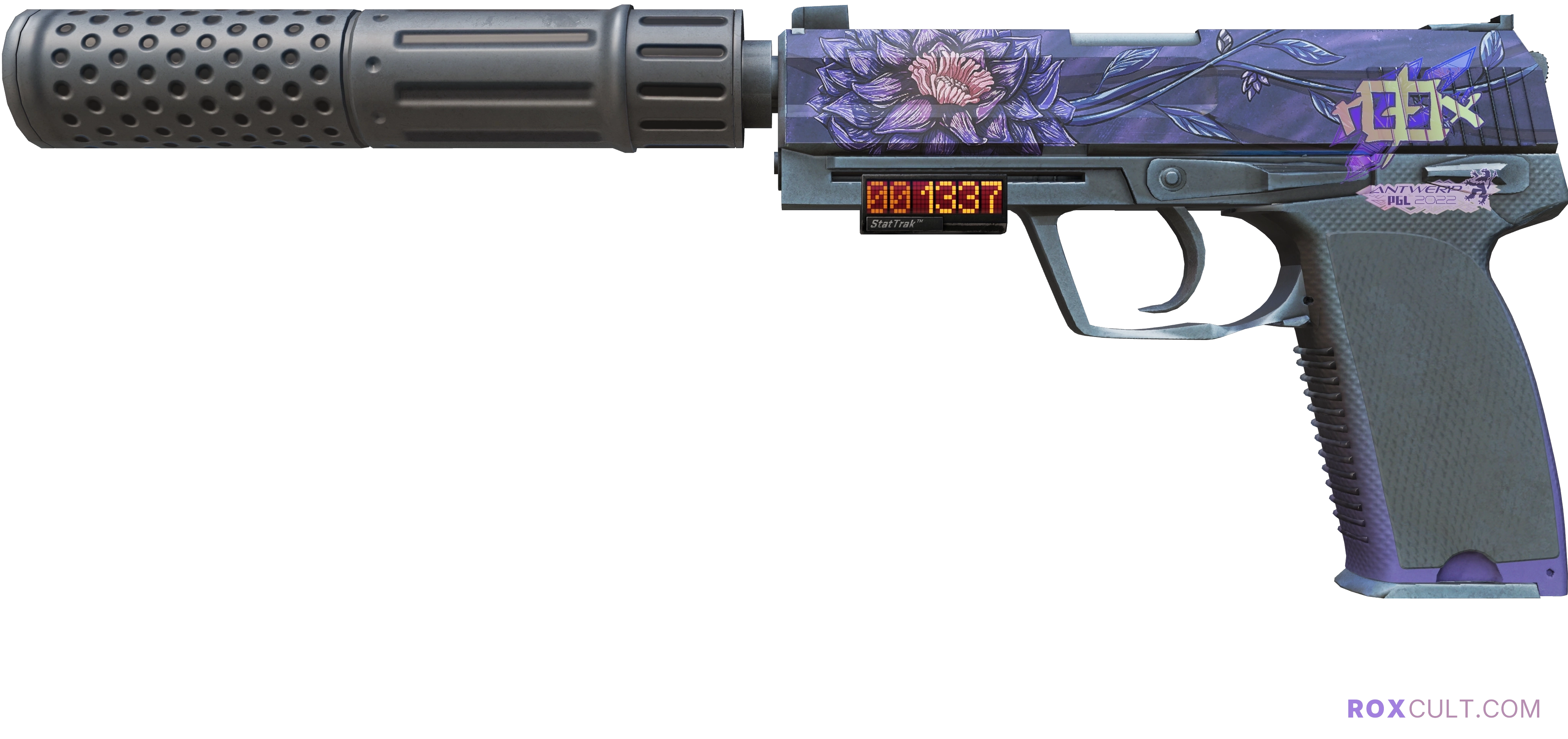 StatTrak™ USP-S | Black Lotus (Factory New) — rox (Holo) Antwerp 2022 craft, playside view with 1 rox (Holo) sticker