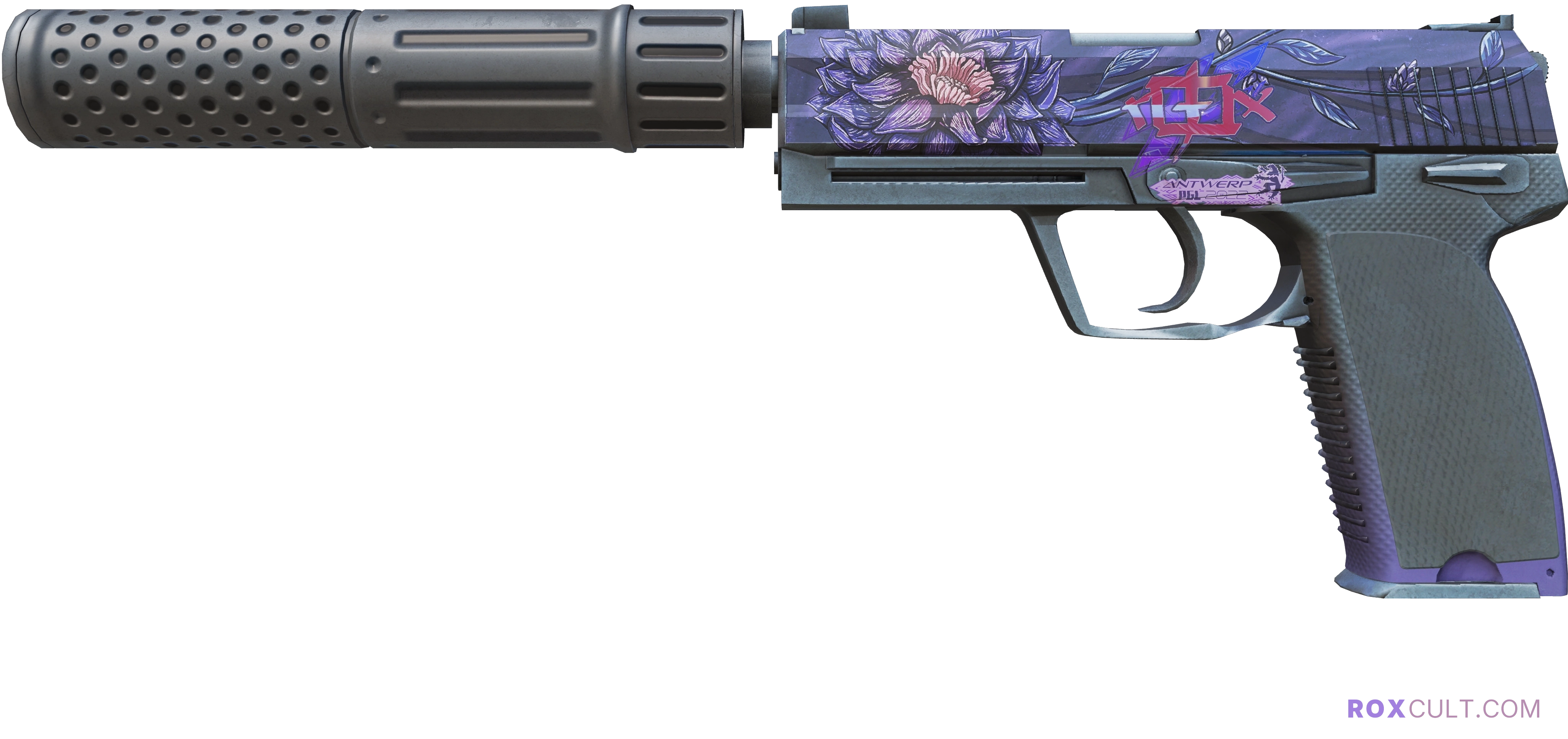 USP-S | Black Lotus (Factory New) — rox (Holo) Antwerp 2022 craft, playside view with 1 rox (Holo) sticker