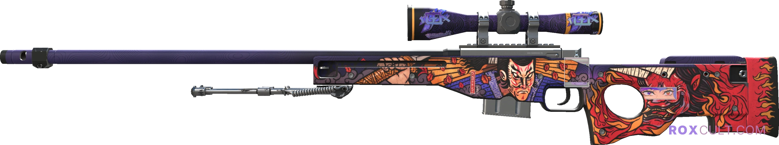 AWP | Oni Taiji (Factory New) — rox (Holo) Antwerp 2022 craft, playside view with 2 rox (Holo) stickers