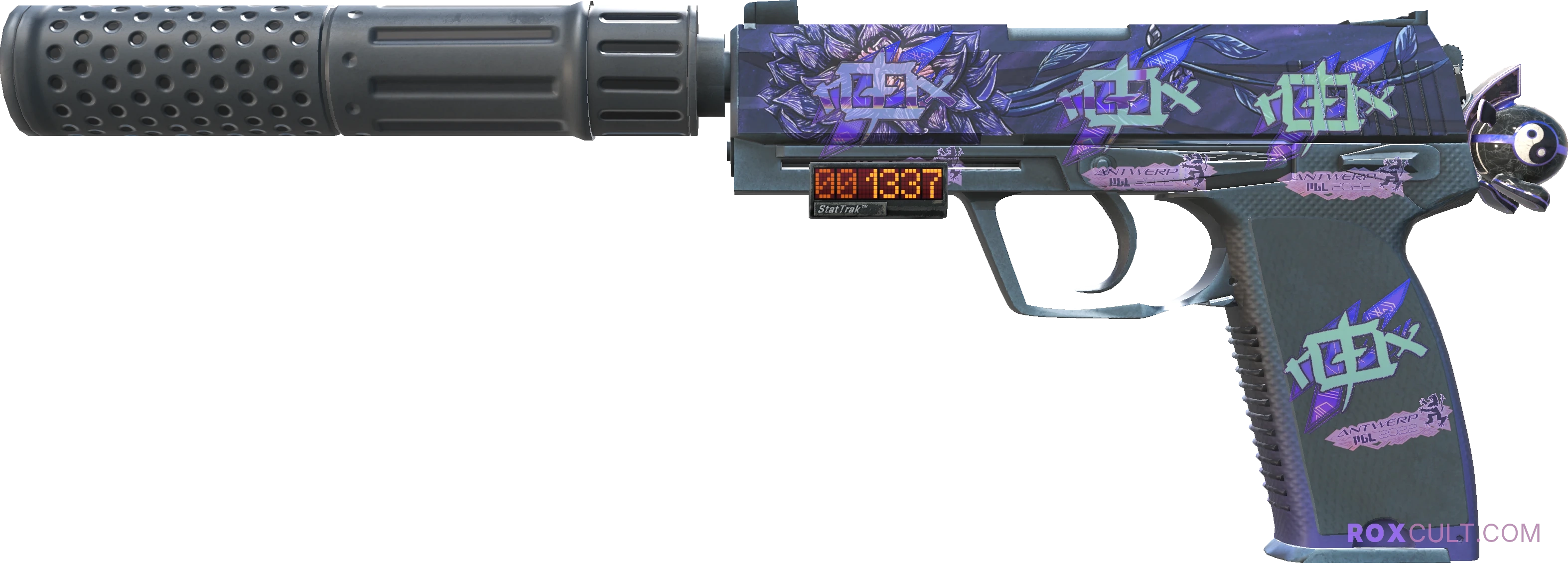 StatTrak™ USP-S | Black Lotus (Factory New) — rox (Holo) Antwerp 2022 craft, playside view with 4 rox (Holo) stickers