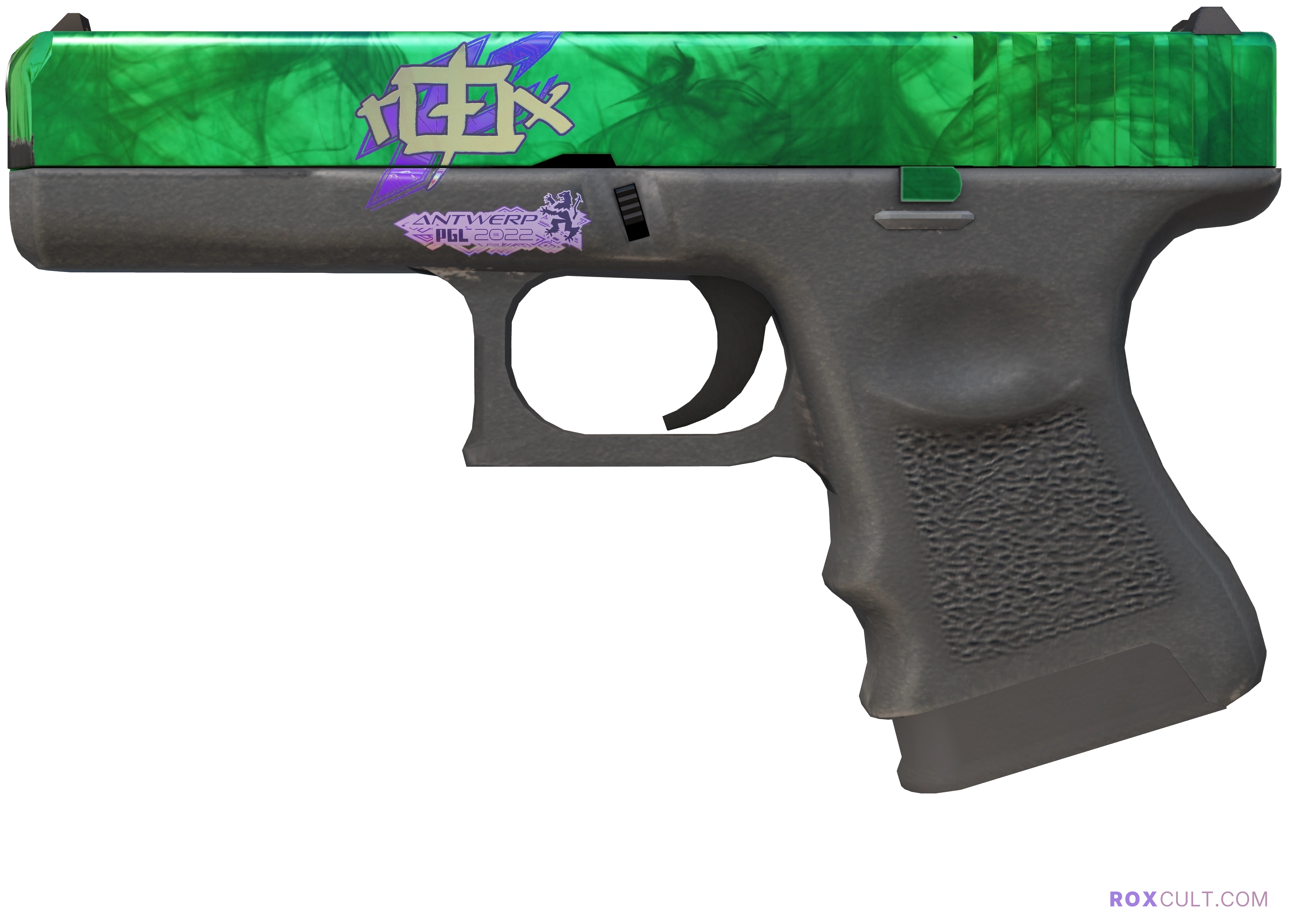 Glock-18 | Gamma Doppler (Factory New) — rox (Holo) Antwerp 2022 craft, playside view with 1 rox (Holo) sticker
