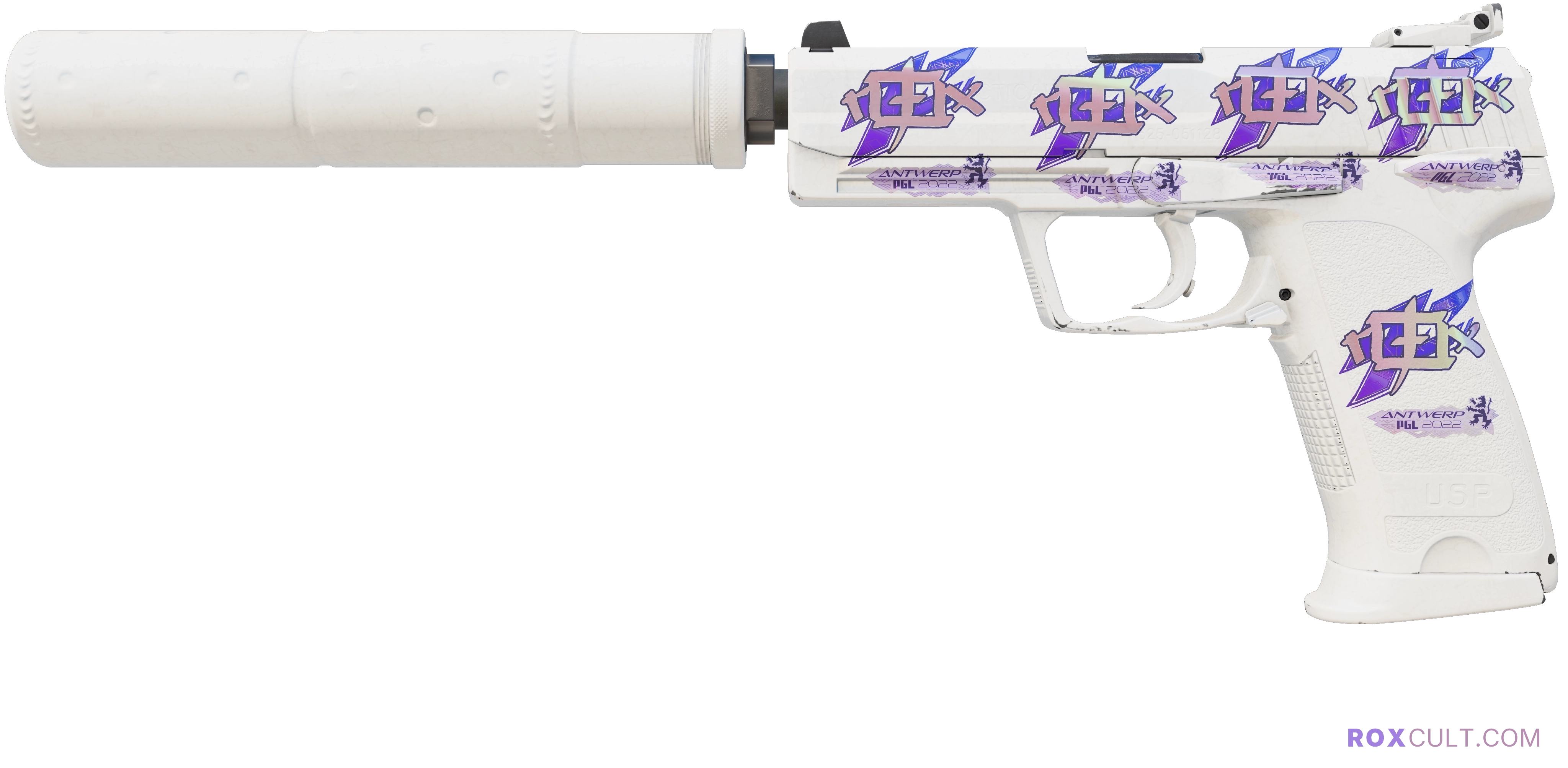 USP-S | Whiteout (Factory New) — rox (Holo) Antwerp 2022 craft, playside view with 5 rox (Holo) stickers