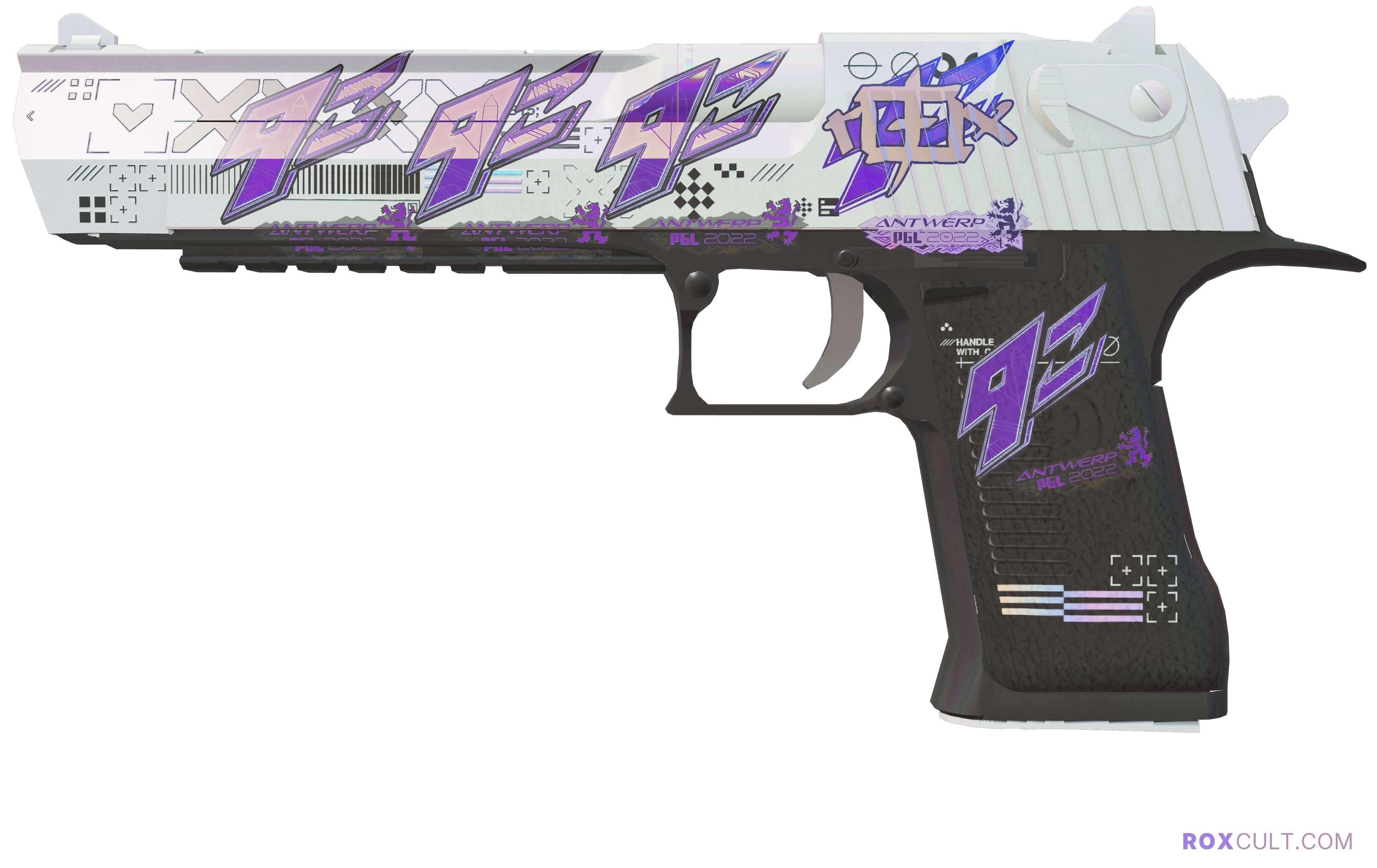 Desert Eagle | Printstream (Factory New) — rox (Holo) Antwerp 2022 craft, playside view with 1 rox (Holo) sticker