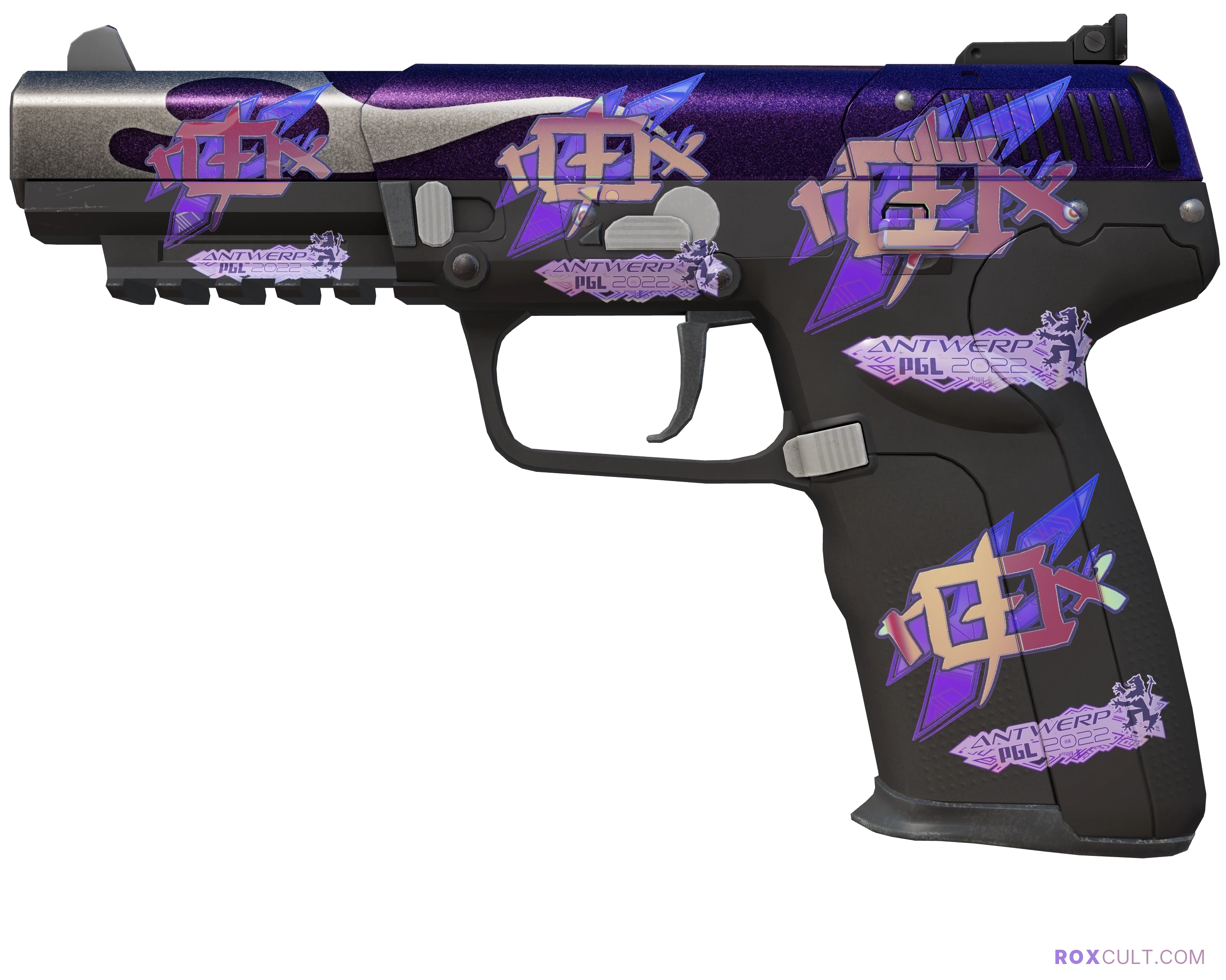 Five-SeveN | Flame Test (Factory New) — rox (Holo) Antwerp 2022 craft, playside view with 4 rox (Holo) stickers