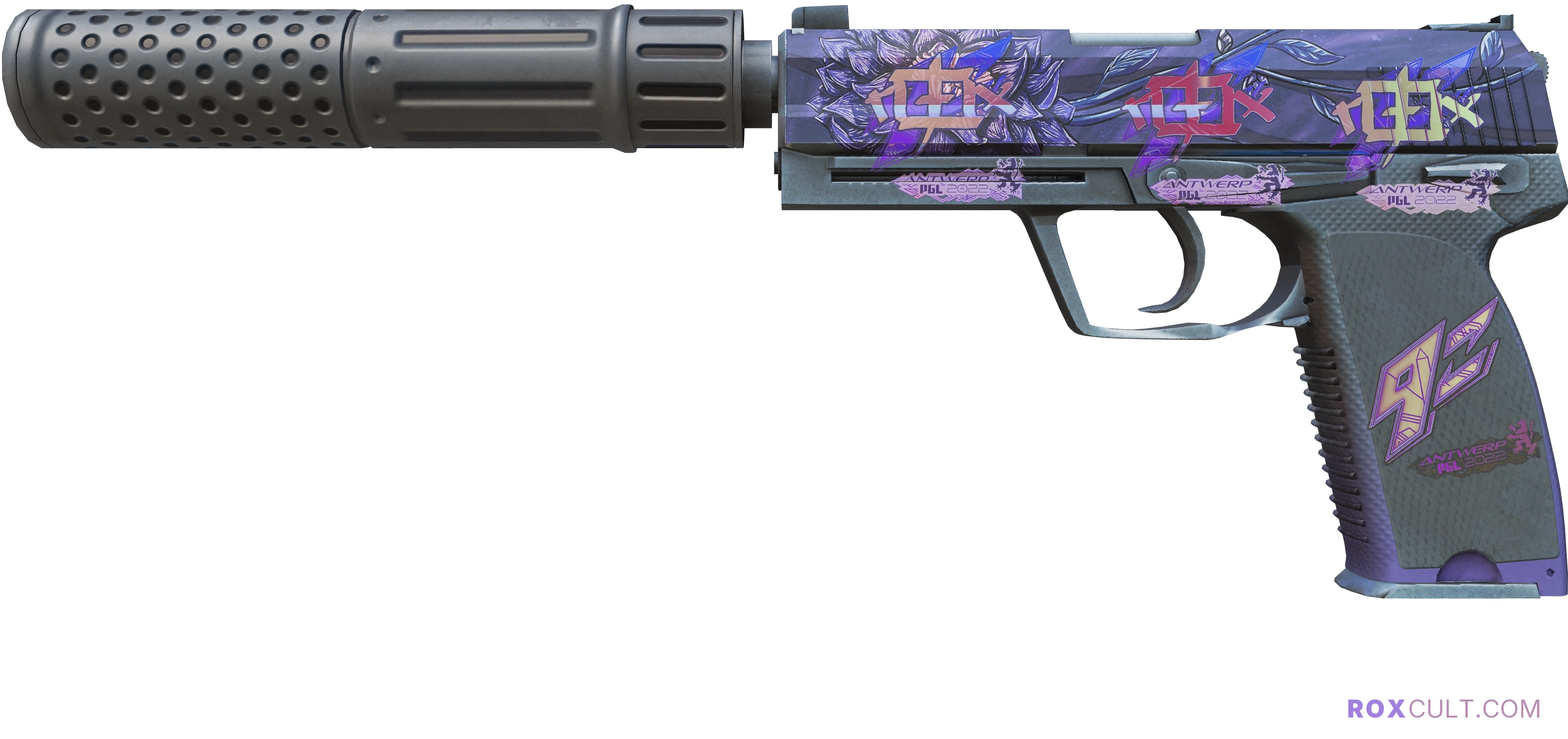 USP-S | Black Lotus (Minimal Wear) — rox (Holo) Antwerp 2022 craft, playside view with 3 rox (Holo) stickers