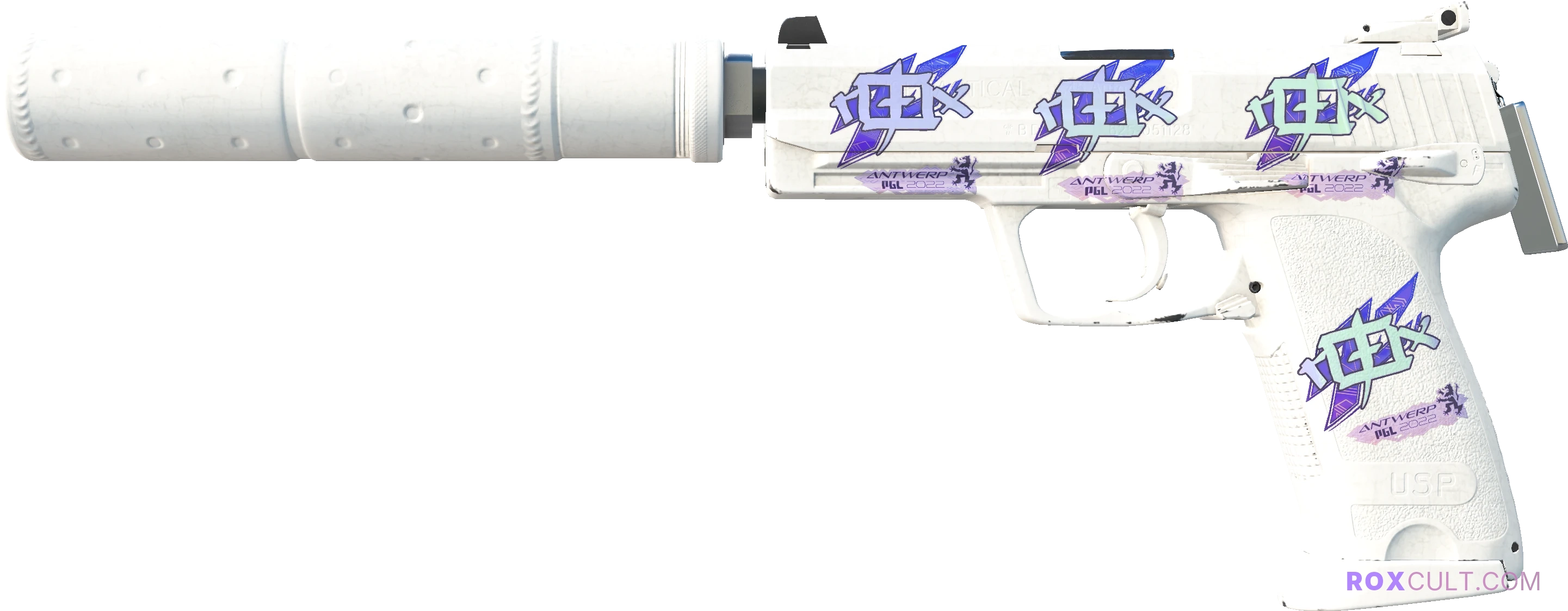 USP-S | Whiteout (Minimal Wear) — rox (Holo) Antwerp 2022 craft, playside view with 4 rox (Holo) stickers
