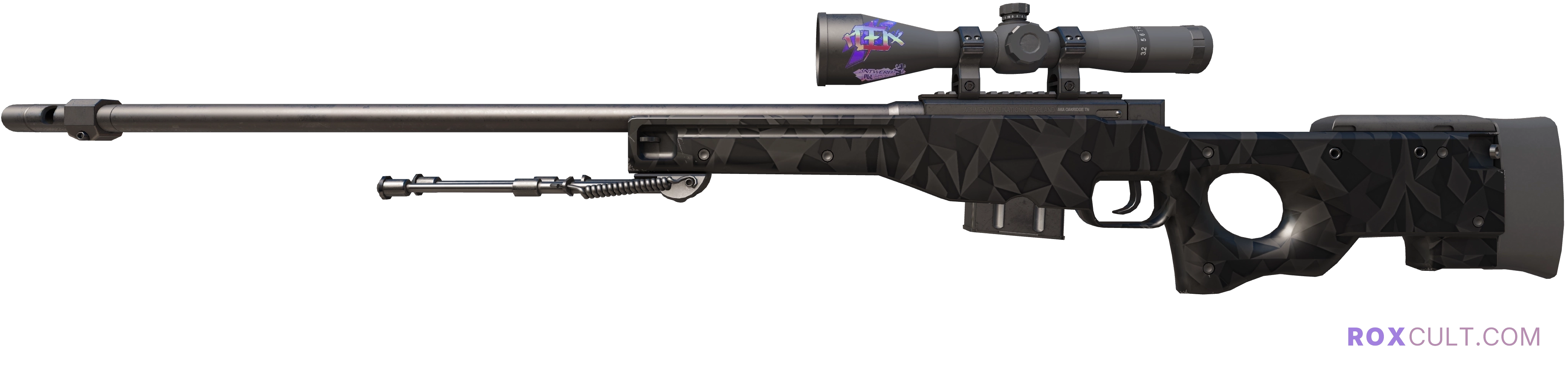 AWP | Graphite (Factory New) — rox (Holo) Antwerp 2022 craft, playside view with 1 rox (Holo) sticker