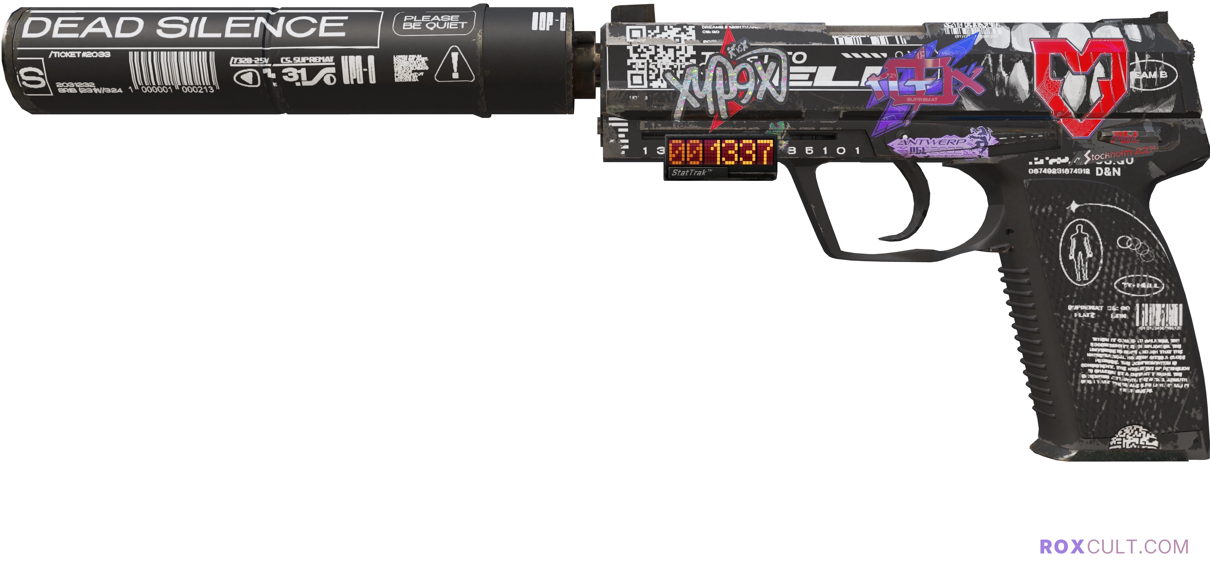 StatTrak™ USP-S | Ticket to Hell (Field-Tested) — rox (Holo) Antwerp 2022 craft, playside view with 1 rox (Holo) sticker