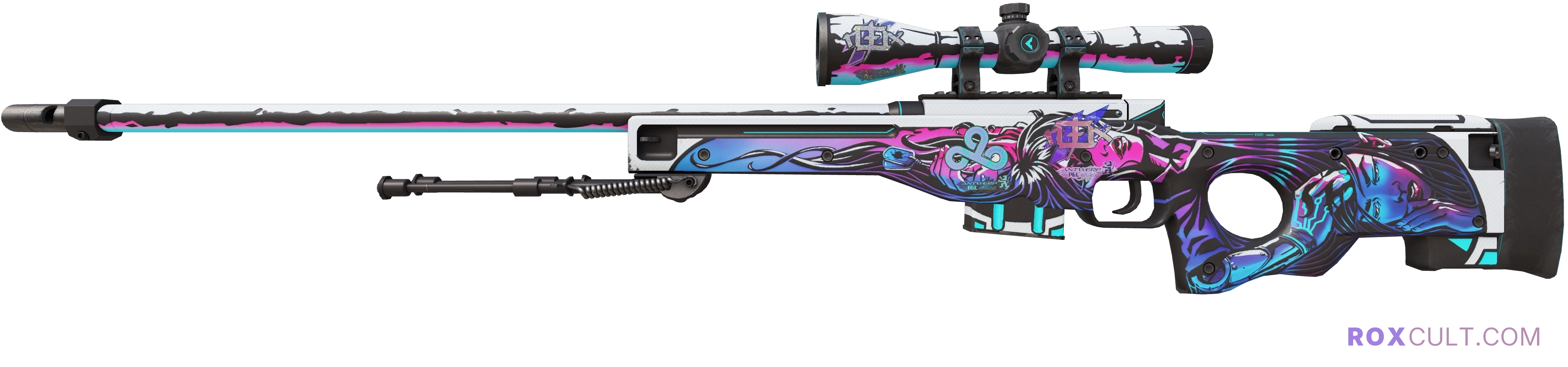 AWP | Neo-Noir (Minimal Wear) — rox (Holo) Antwerp 2022 craft, playside view with 1 rox (Holo) sticker