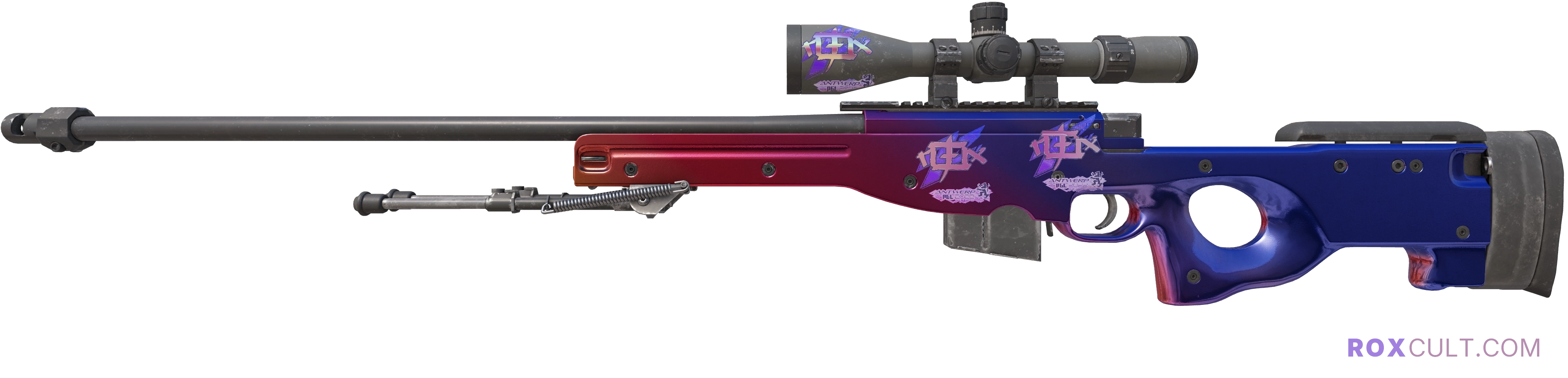 AWP | Fade (Factory New) — rox (Holo) Antwerp 2022 craft, playside view with 3 rox (Holo) stickers