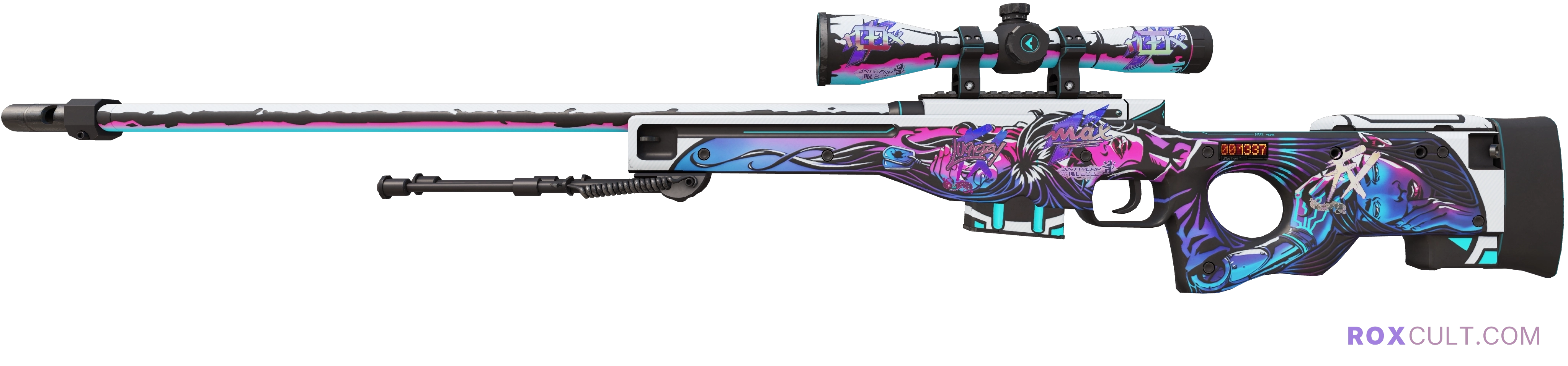 StatTrak™ AWP | Neo-Noir (Factory New) — rox (Holo) Antwerp 2022 craft, playside view with 2 rox (Holo) stickers
