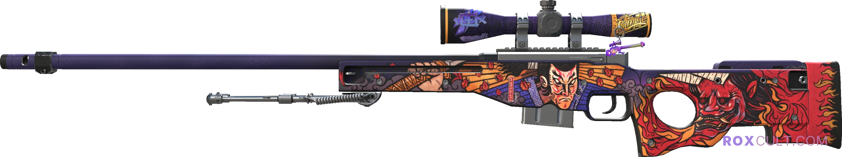AWP | Oni Taiji (Factory New) — rox (Holo) Antwerp 2022 craft, playside view with 1 rox (Holo) sticker
