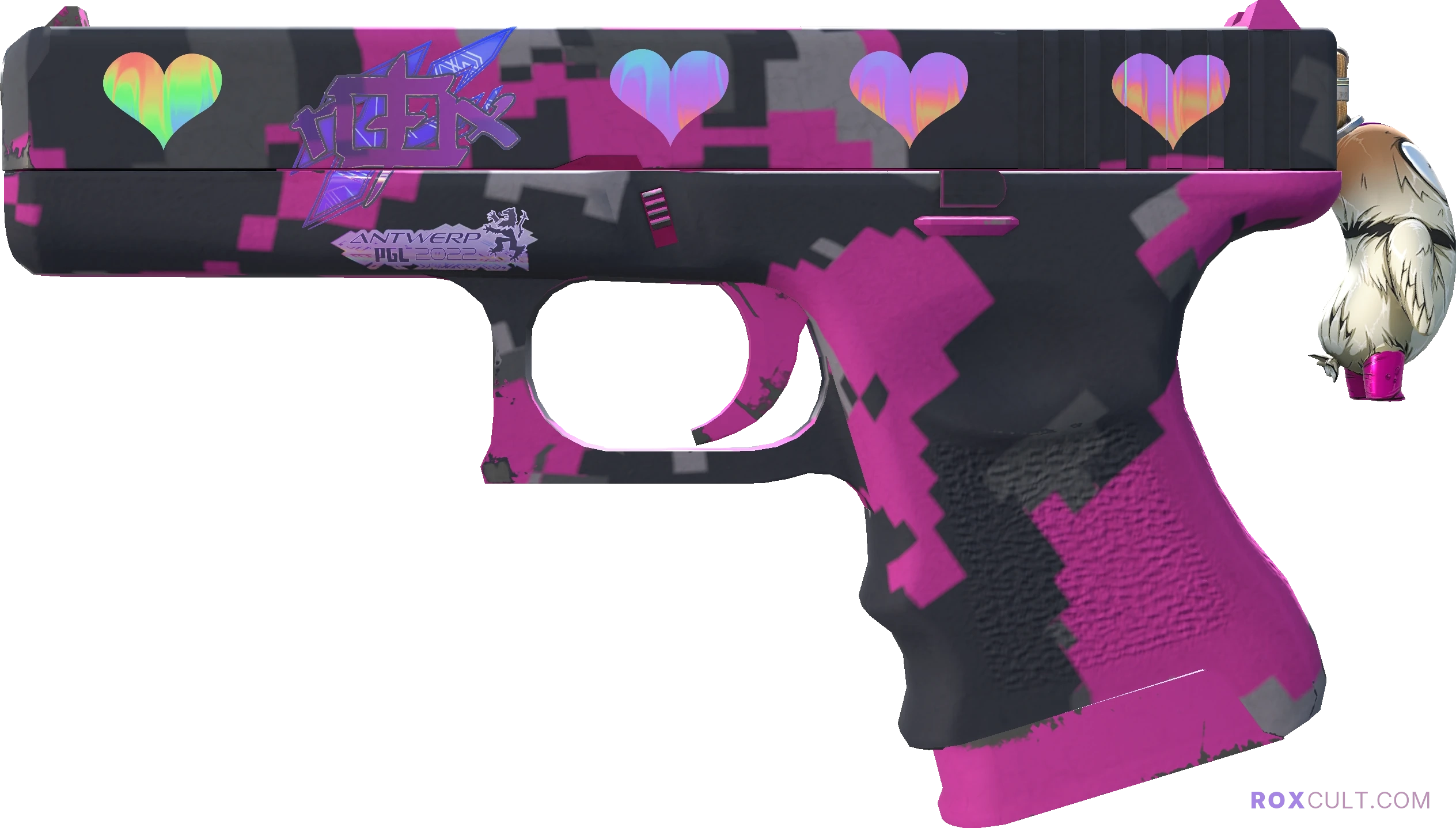 Glock-18 | Pink DDPAT (Factory New) — rox (Holo) Antwerp 2022 craft, playside view with 1 rox (Holo) sticker