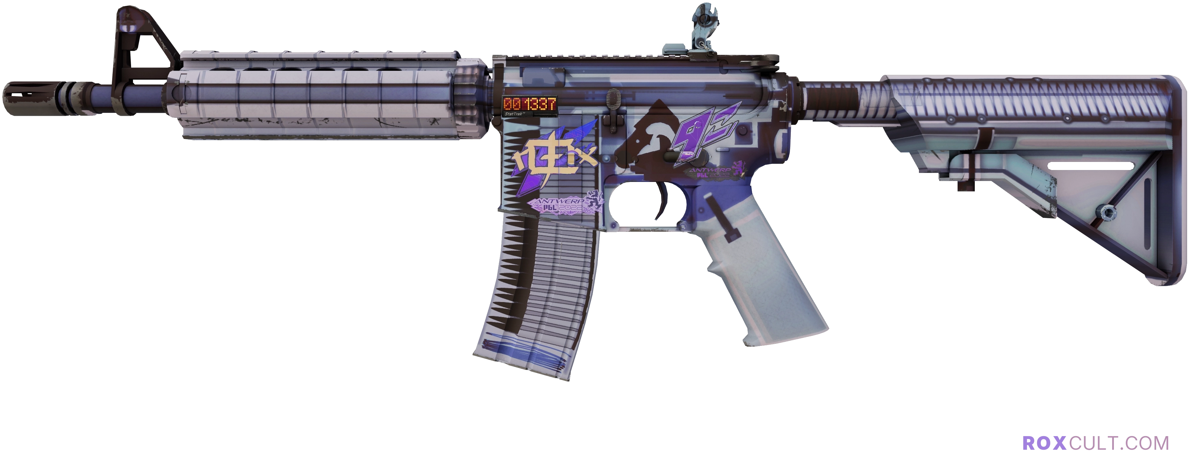 StatTrak™ M4A4 | X-Ray (Factory New) — rox (Holo) Antwerp 2022 craft, playside view with 1 rox (Holo) sticker