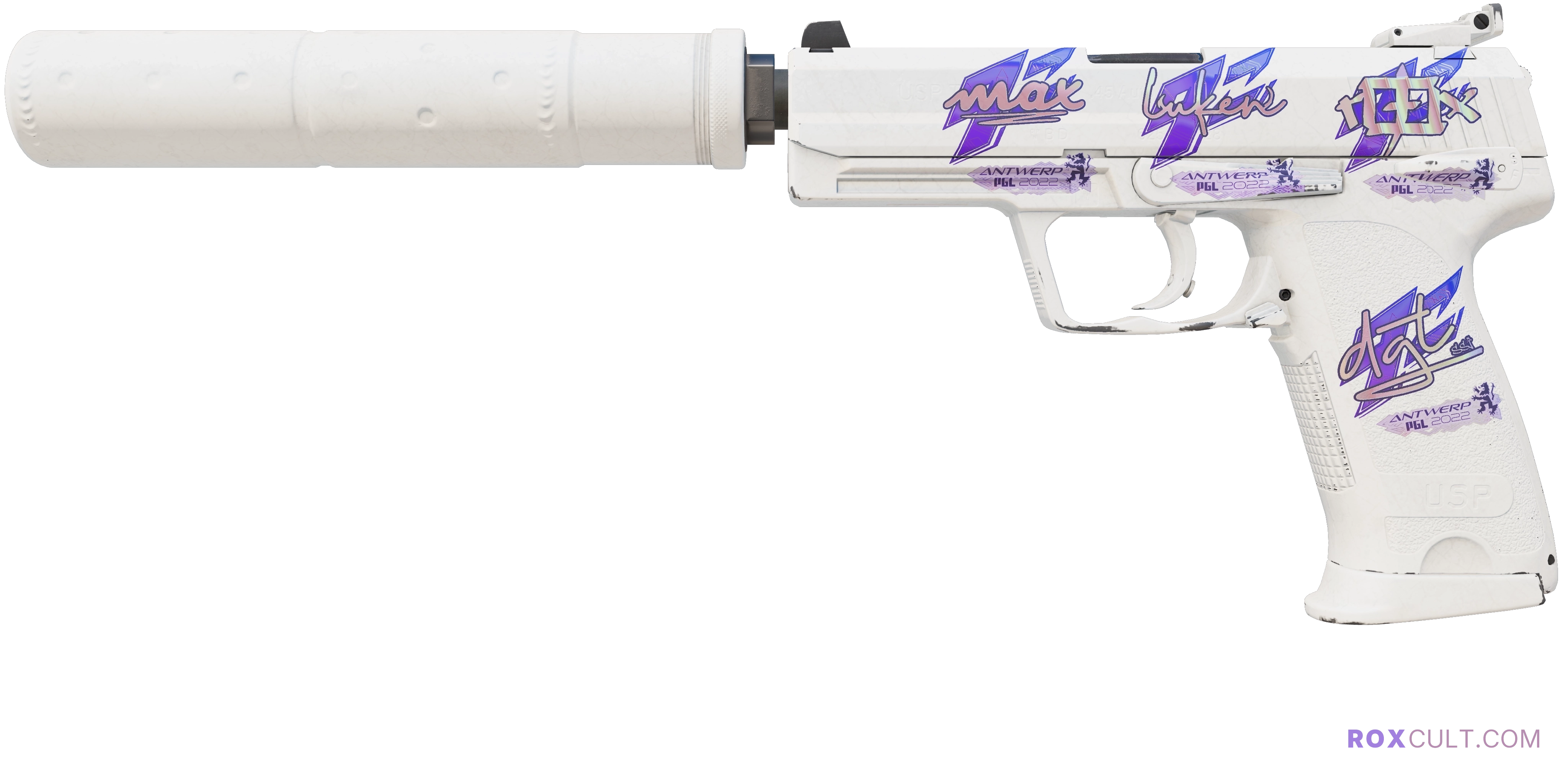 USP-S | Whiteout (Minimal Wear) — rox (Holo) Antwerp 2022 craft, playside view with 1 rox (Holo) sticker