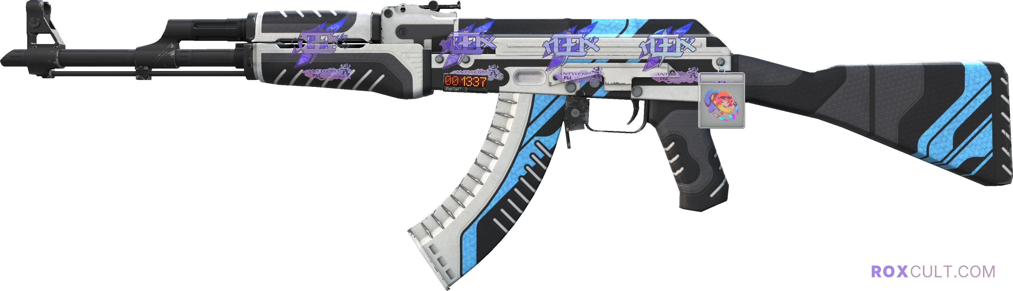 StatTrak™ AK-47 | Vulcan (Factory New) — rox (Holo) Antwerp 2022 craft, playside view with 4 rox (Holo) stickers
