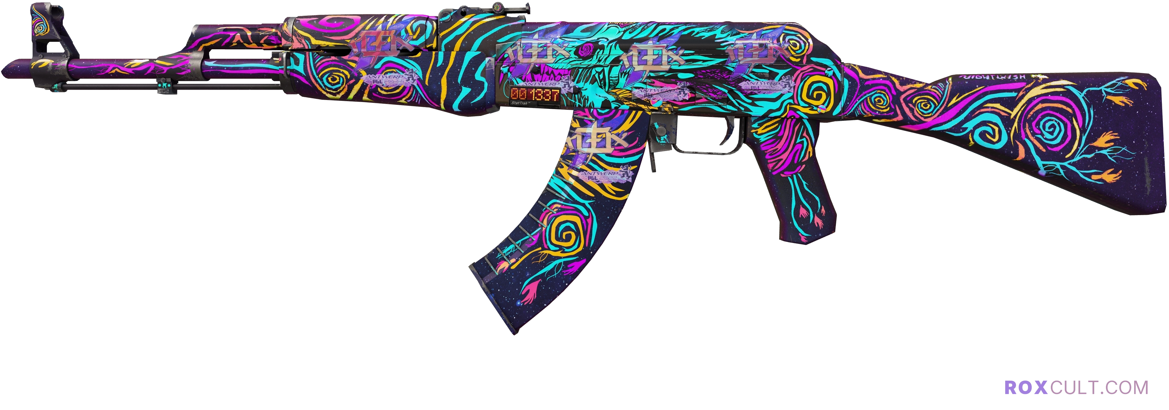 StatTrak™ AK-47 | Nightwish (Minimal Wear) — rox (Holo) Antwerp 2022 craft, playside view with 5 rox (Holo) stickers