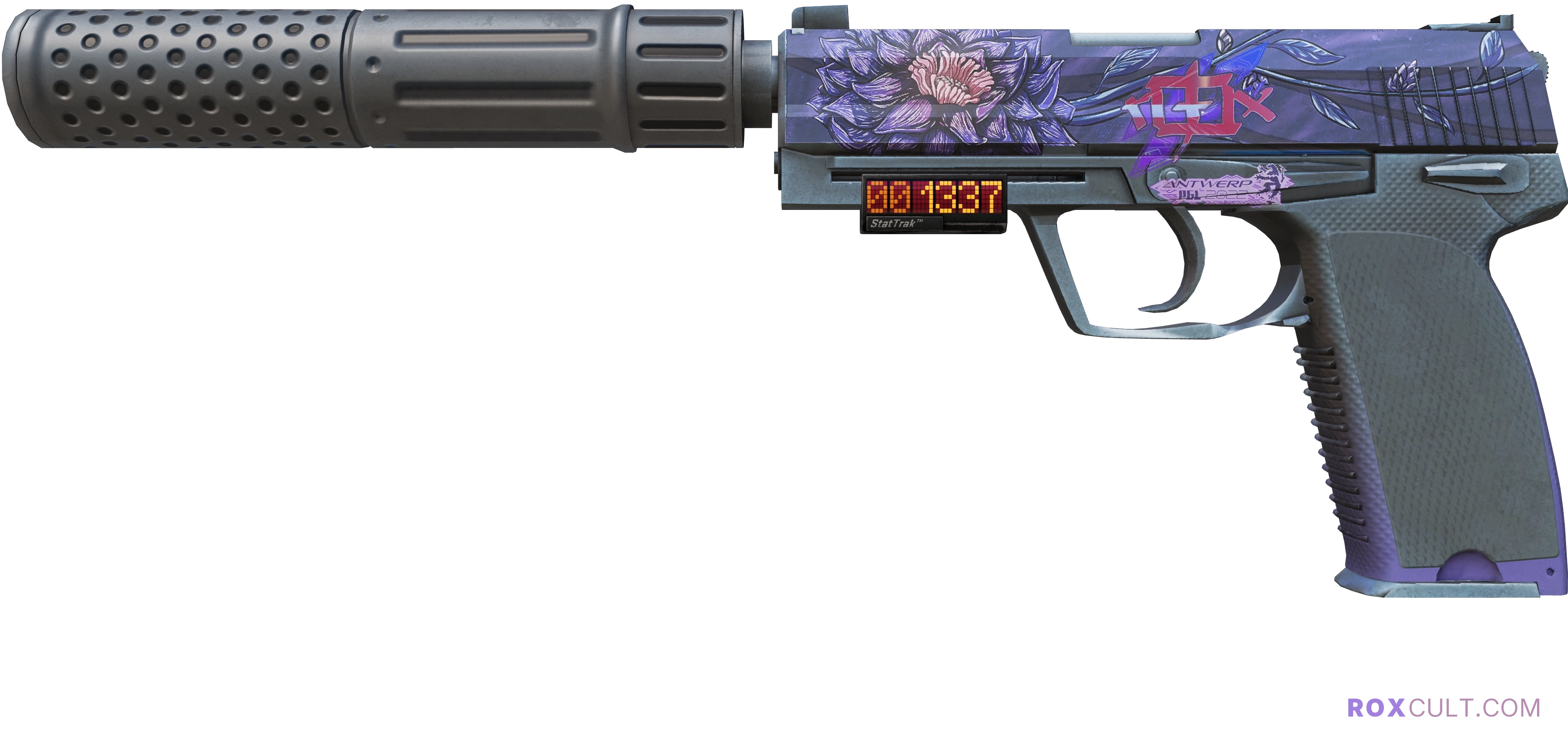 StatTrak™ USP-S | Black Lotus (Factory New) — rox (Holo) Antwerp 2022 craft, playside view with 1 rox (Holo) sticker