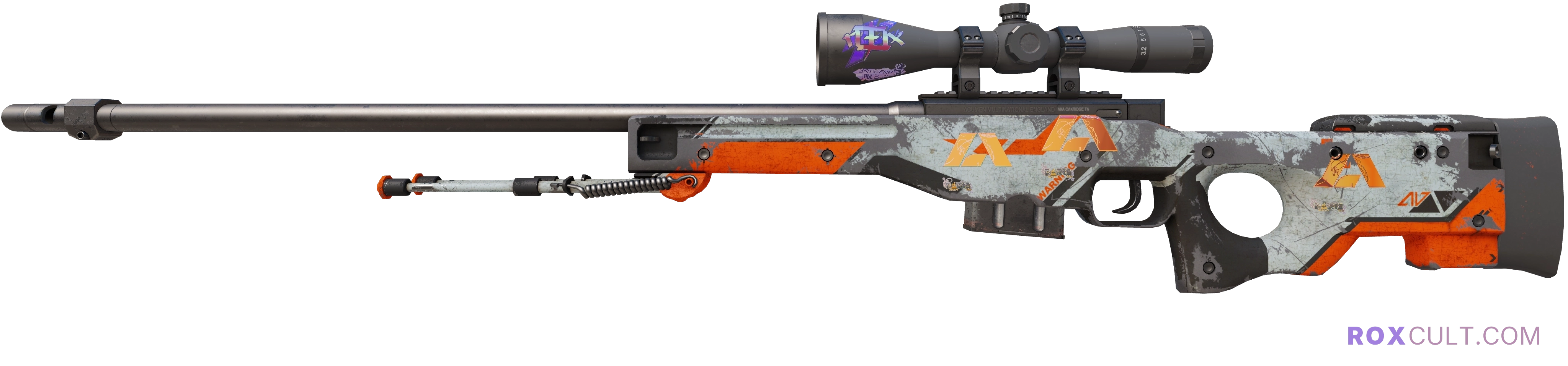 AWP | Asiimov (Battle-Scarred) — rox (Holo) Antwerp 2022 craft, playside view with 1 rox (Holo) sticker
